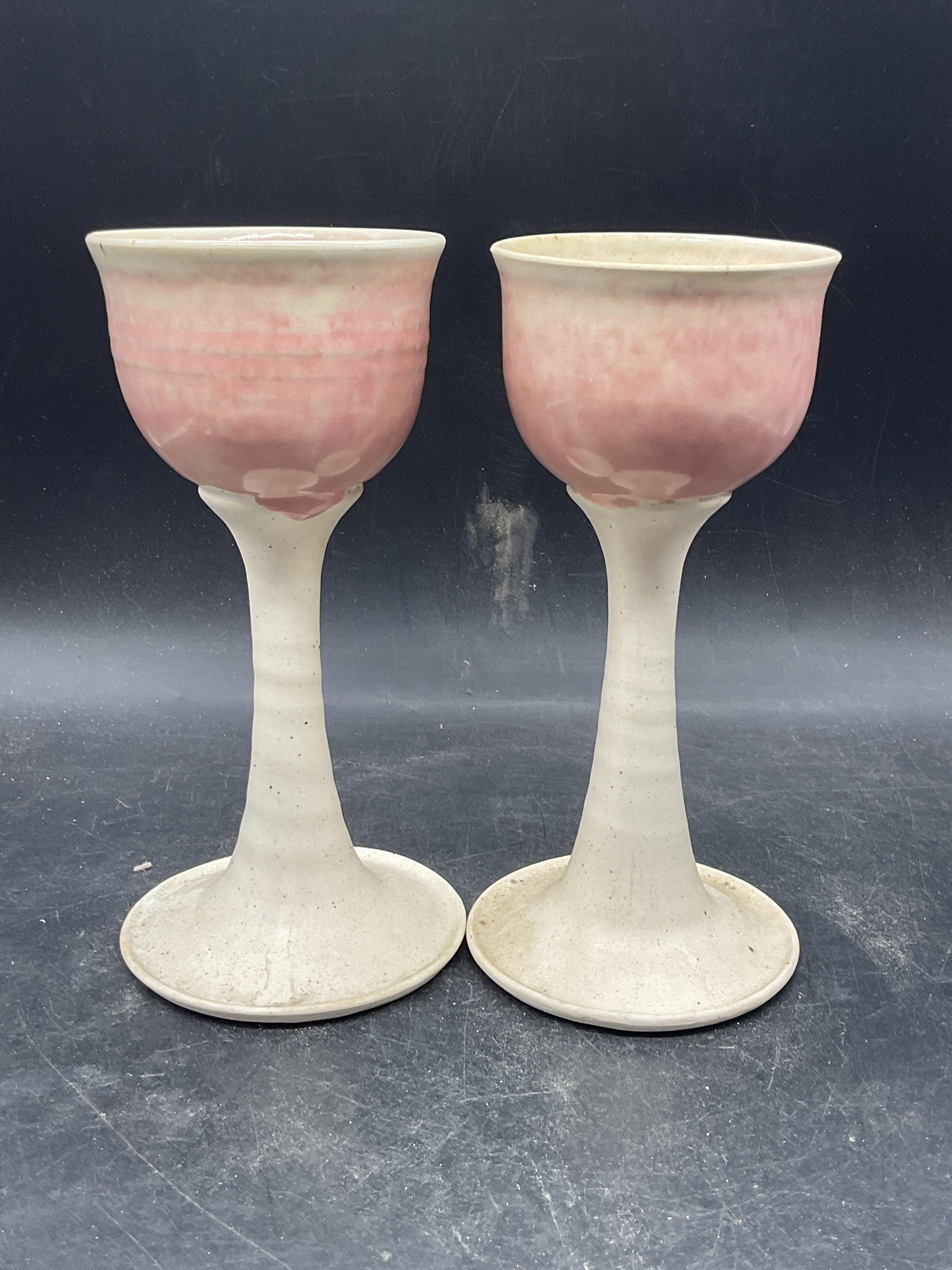 Pair Signed Pink White Ceramic Wine Goblets - 4