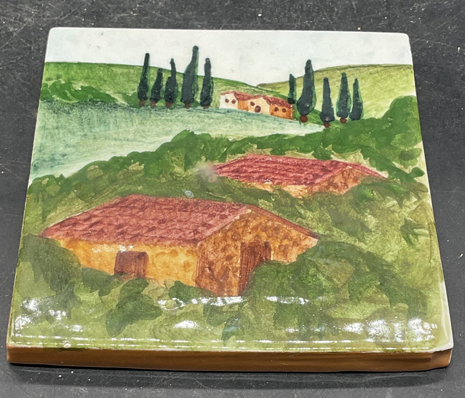 Signed Hand Painted Landscape Ceramic Tile: Signed ceramic tile. Hand painted landscape with houses. Measures approx. 3.75 x 3.75 inches. Signed illegibly. Some scratching and crazing. Ceramic tile, hand painted tile, home decor, home accessori