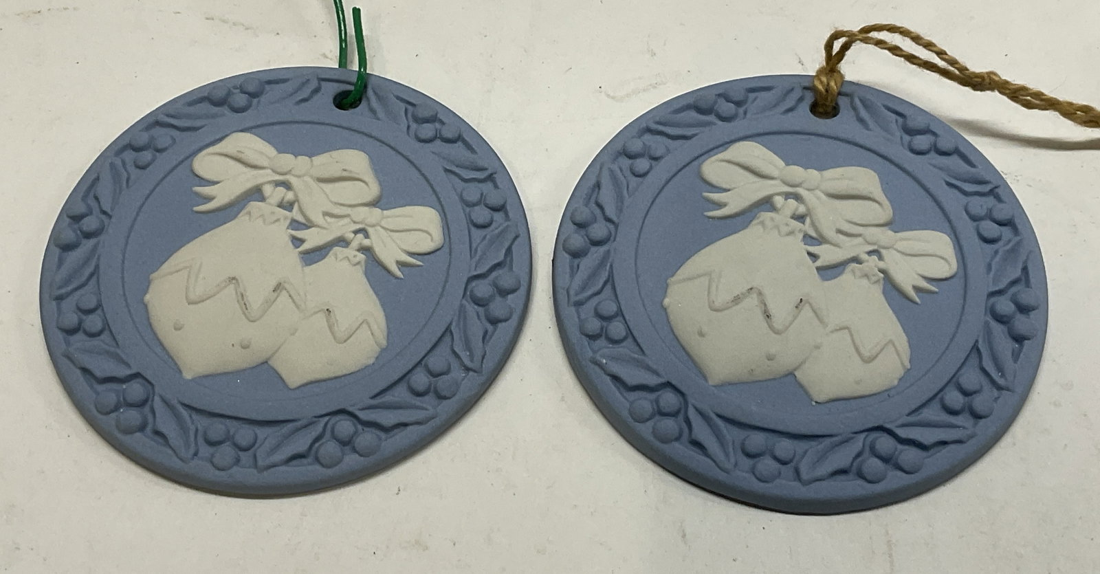 Lt 2 VTG Wedgwood Bell Ornaments ENGLAND: 2 Vintage Wedgwood Blue Jasperware Ornaments. White Bell Design. England. Condition Consistent with Exposure. Measures app 2in H x 2.25in W. Vintage Ornaments, Wedgwood, Christmas Ornaments, Blue