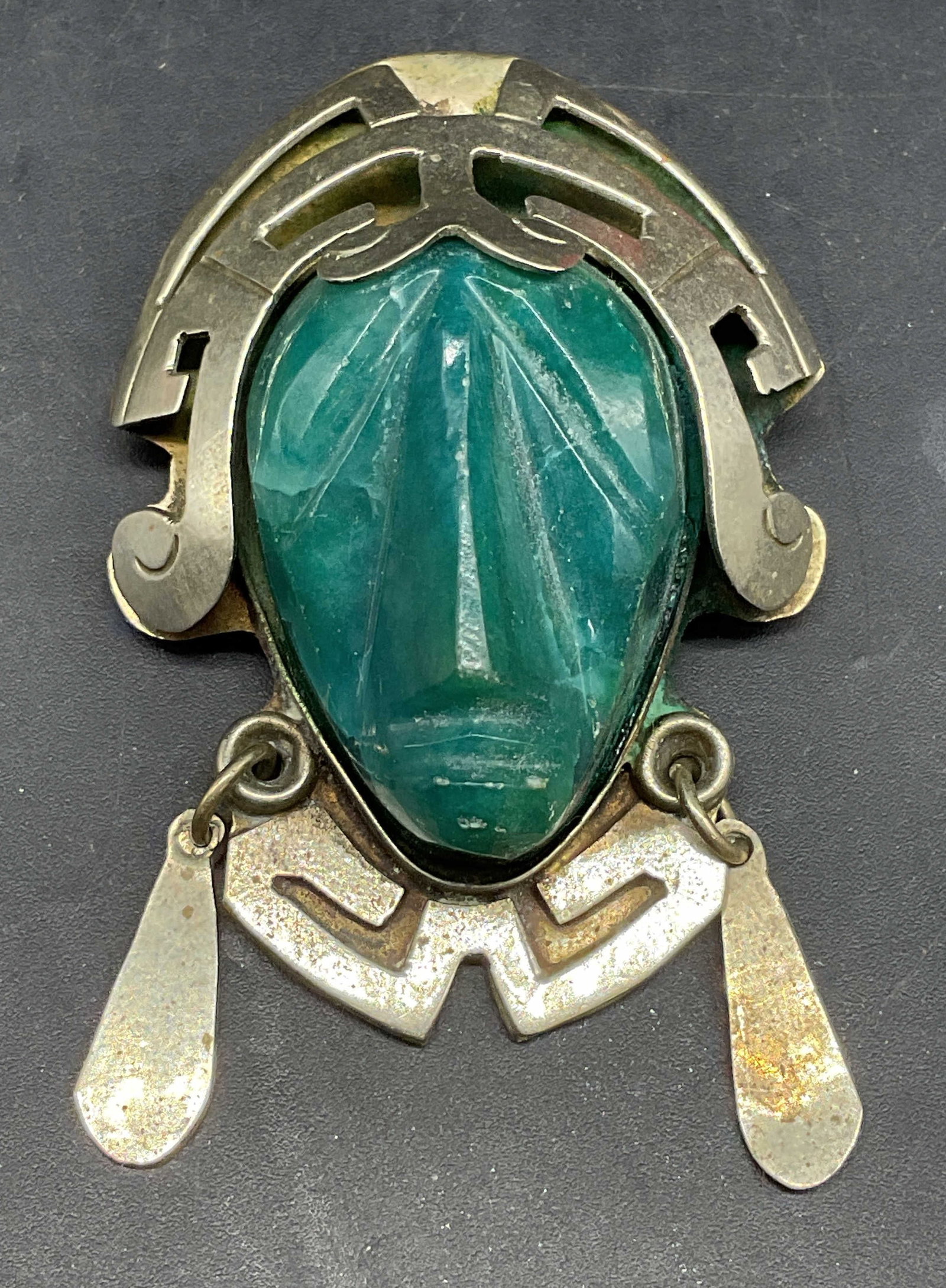 Vintage Silver Tone Semiprecious Aztec Brooch (1 of 6)