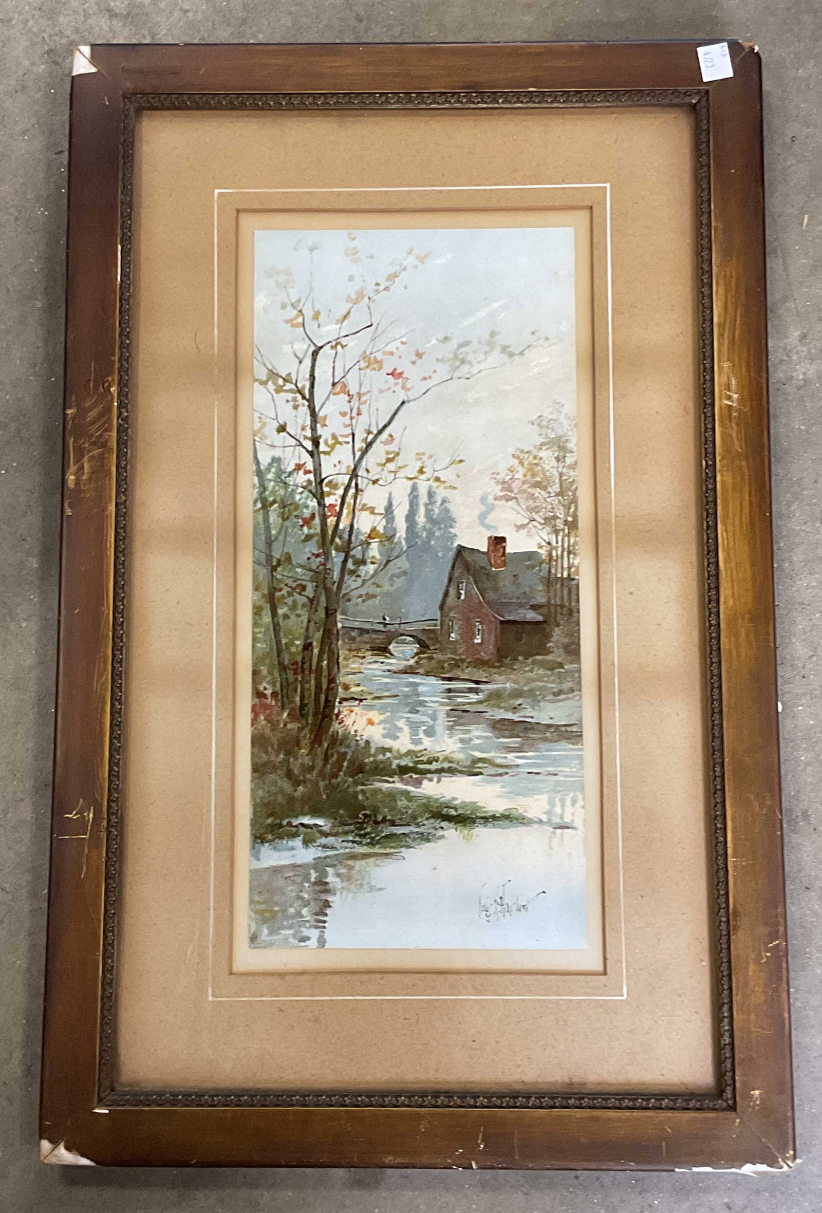 After Louis K Harlow Landscape Lithograph 1891: Framed and matted antique lithograph. After Louis Kinney Harlow (American, 1850-1913). Pastoral landscape with house on river. Publisher copyright at lower left, dated 1891. Wood frame. Not examined o