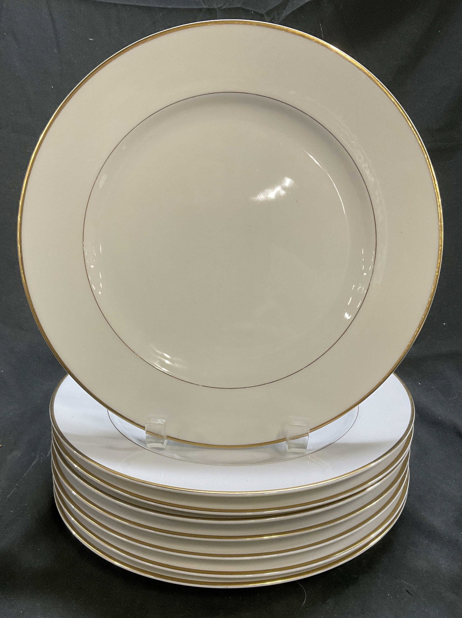 Lt 8 Royal M by Yamato Plates JAPAN: 8 Royal M by Yamato Plates. Royalty Pattern. Japan. White Porcelain with Gilt Trim. Some Chips. Measures app 1in H x 10.5in Diam. Royal M, Yamato, Royalty, Japan, Japanese Porcelain, Porcelain Plates,