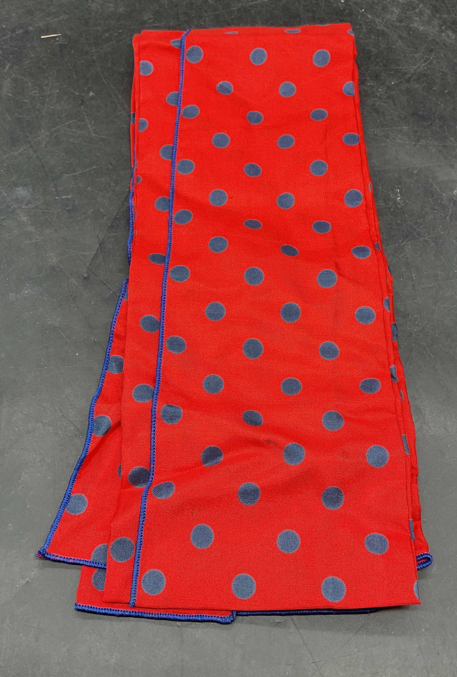 Ray Strauss Red Blue Dot Silk Scarf USA: Vintage Ray Strauss red and blue polka dot print silk scarf. Made in USA. Measures approx. 42 inches long. Some pulls and blemishes. Ray Strauss scarf, designer scarf, silk scarf, red scarf, blue scar