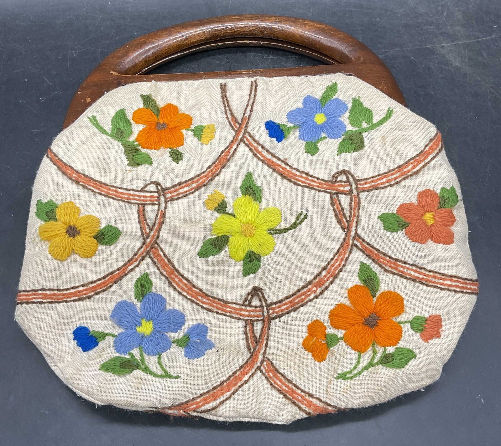 Vintage Wood Handle Embroidered Floral Handbag (1 of 6)