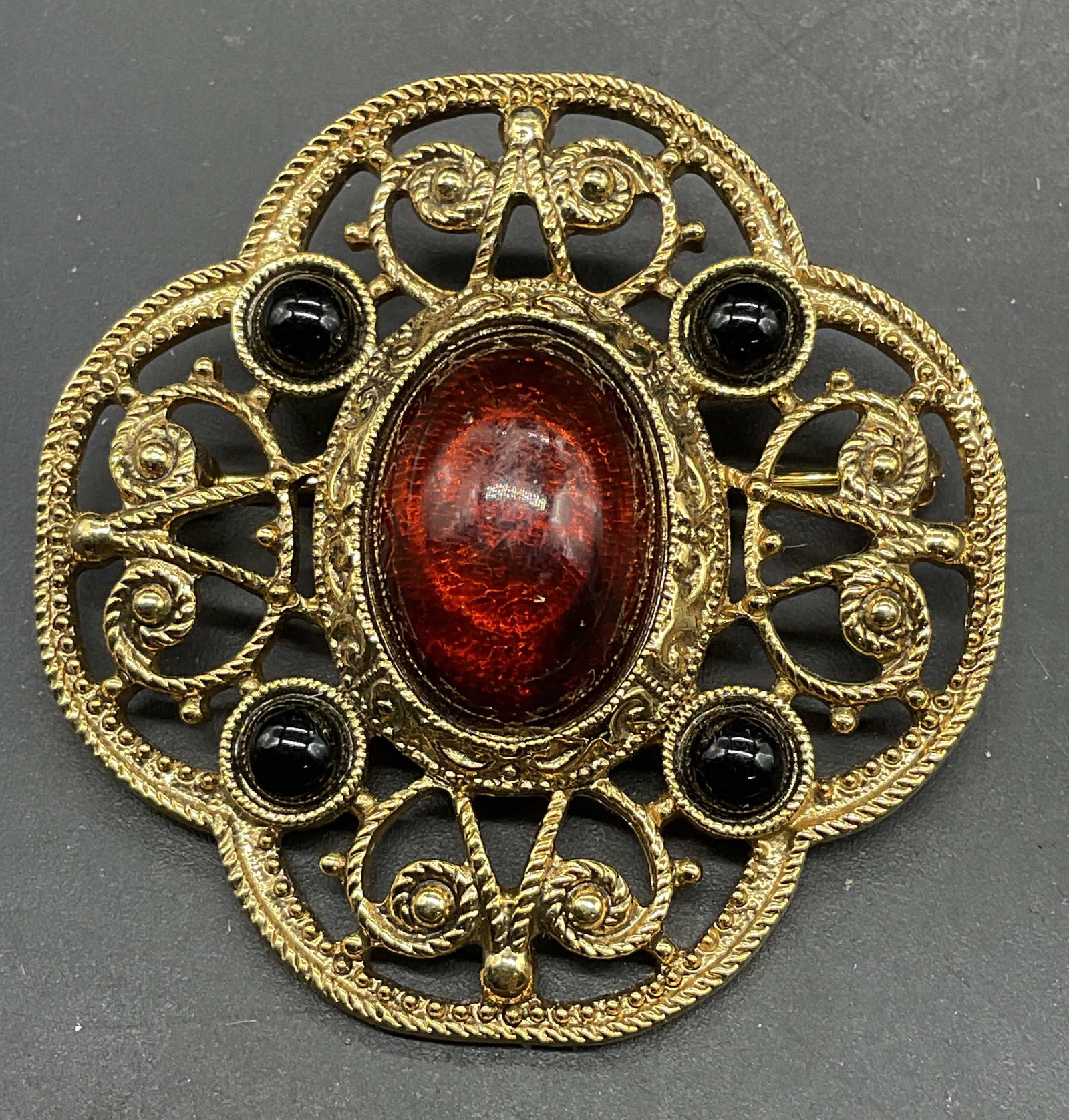 Vintage Gold Tone Filigree Faux Amber Brooch (1 of 6)