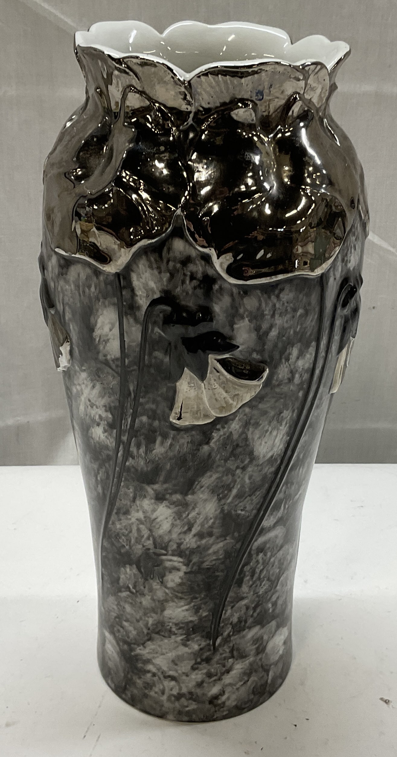SGNED G. Cortess Marbled Orchid Porc Vase ITALY: SIGNED G. Cortess Marbled Orchid Porcelain Vase. Made in Italy. Ruffled Rim. Black and Gray Marble Pattern. Silver Metallic Toned Orchid Decoration. Condition consistent with exposure. Measures app 12
