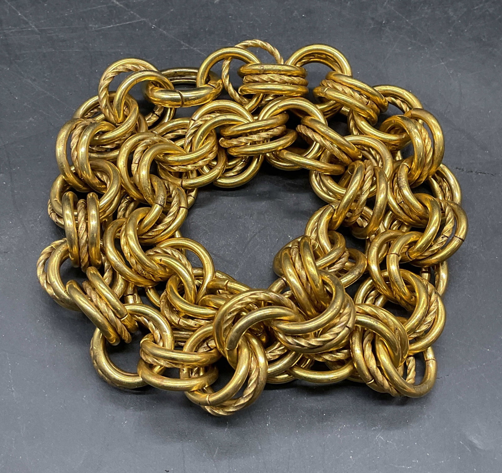 Vintage Gold Tone Chunky Chain Necklace: Vintage gold tone chunky triple ring chain necklace. Drop length 7.5 inches. Some scratching. Jewelry, estate jewelry, costume jewelry, cocktail jewelry, fashion jewelry, accessories, fashion