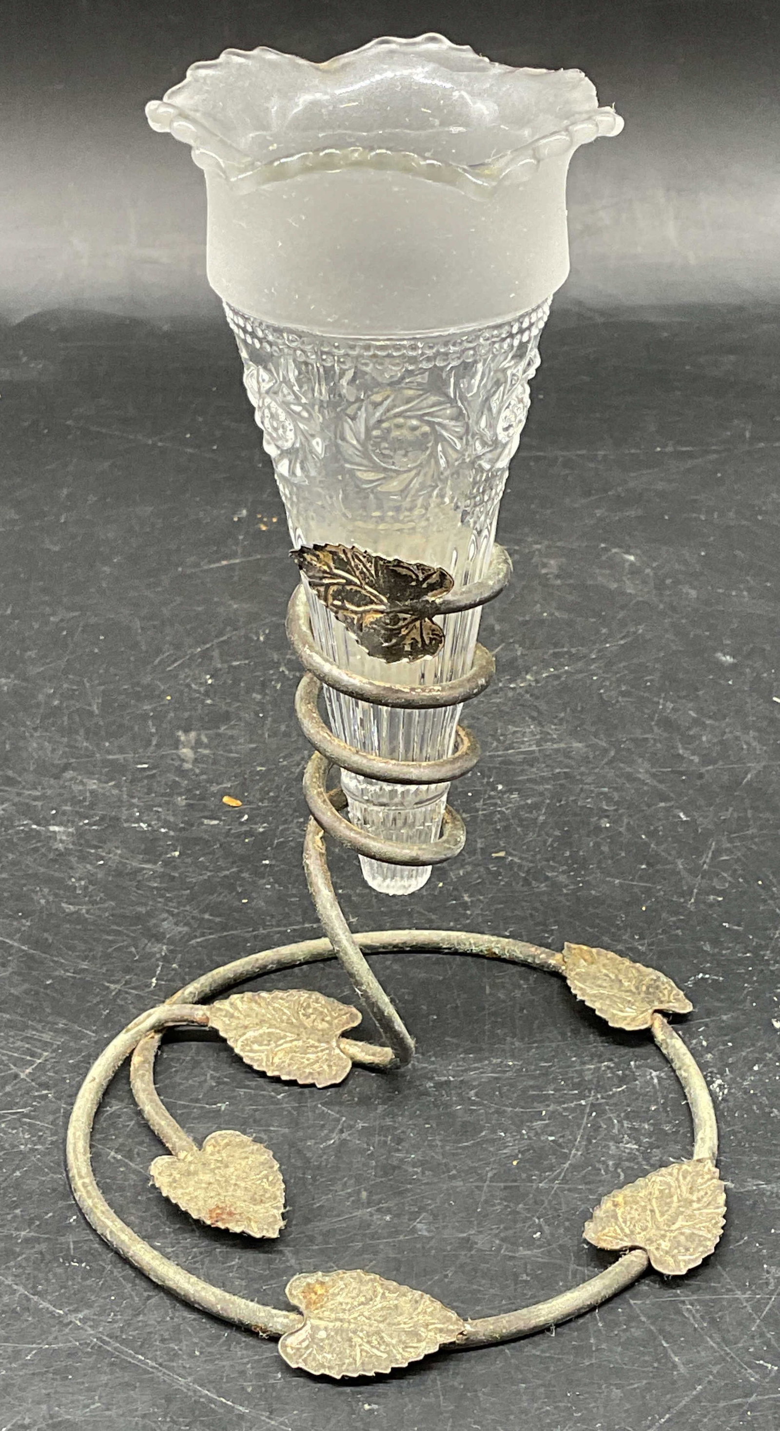 Vintage Art Deco Silver Tone Epergne Vase: Vintage art deco style epergne vase. Silver tone metal with botanical motif and frosted and clear glass insert. Style of Bagley, no signature or marking. Measures approx. 3.75 x 6 inches. Wear