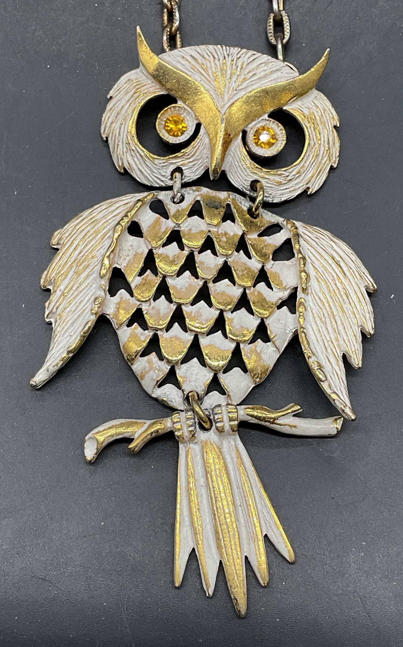 Gold Tone White Crystal Owl Pendant Necklace: Vintage gold tone owl pendant necklace with enamel and crystals. Drop length 9.25 inches. Loss to enamel and scratching. Jewelry, estate jewelry, costume jewelry, cocktail jewelry, fashion jewelry, ac