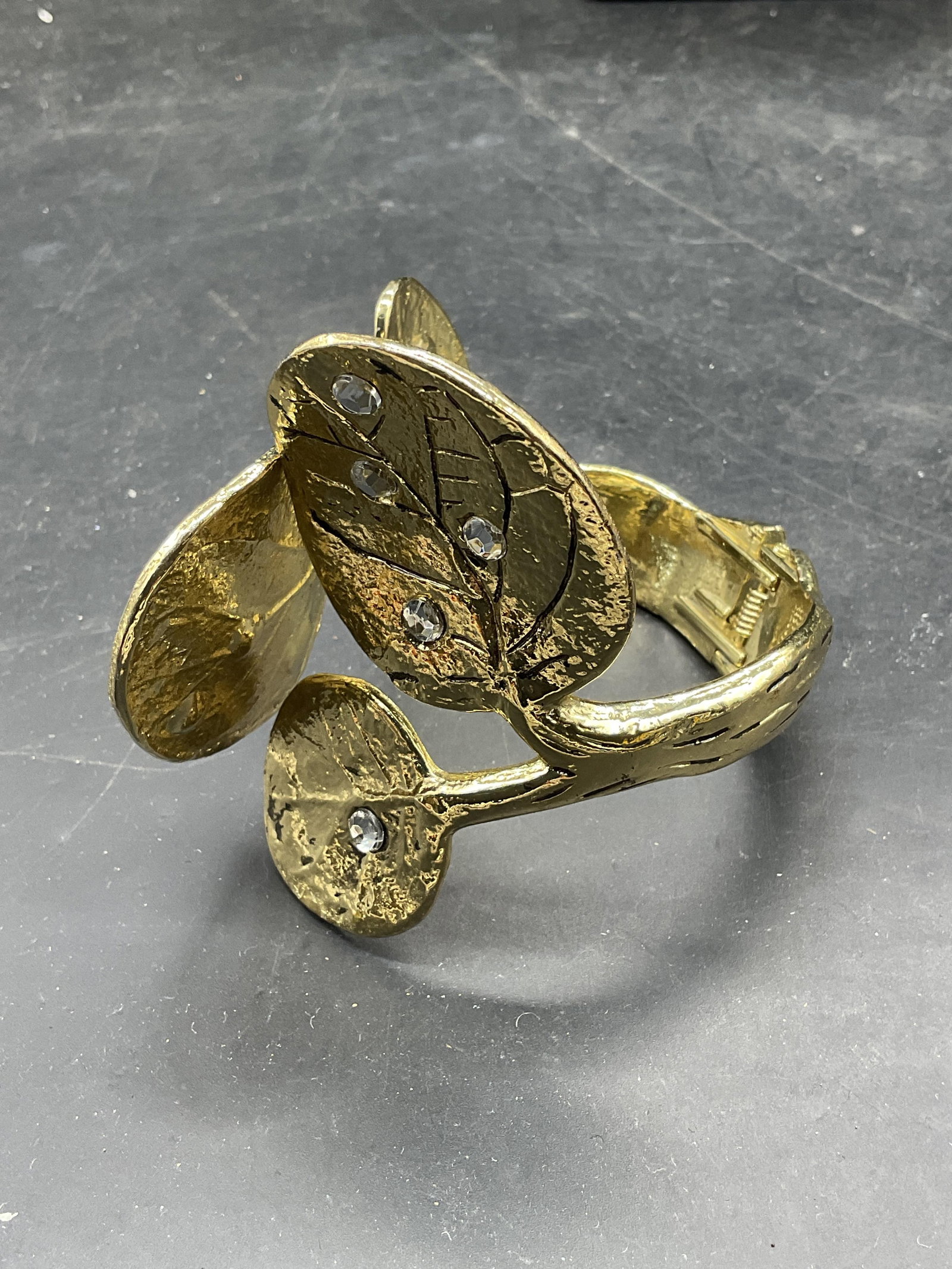 Gold Tn Crystal Leaf Statement Cuff Bracelet - 3