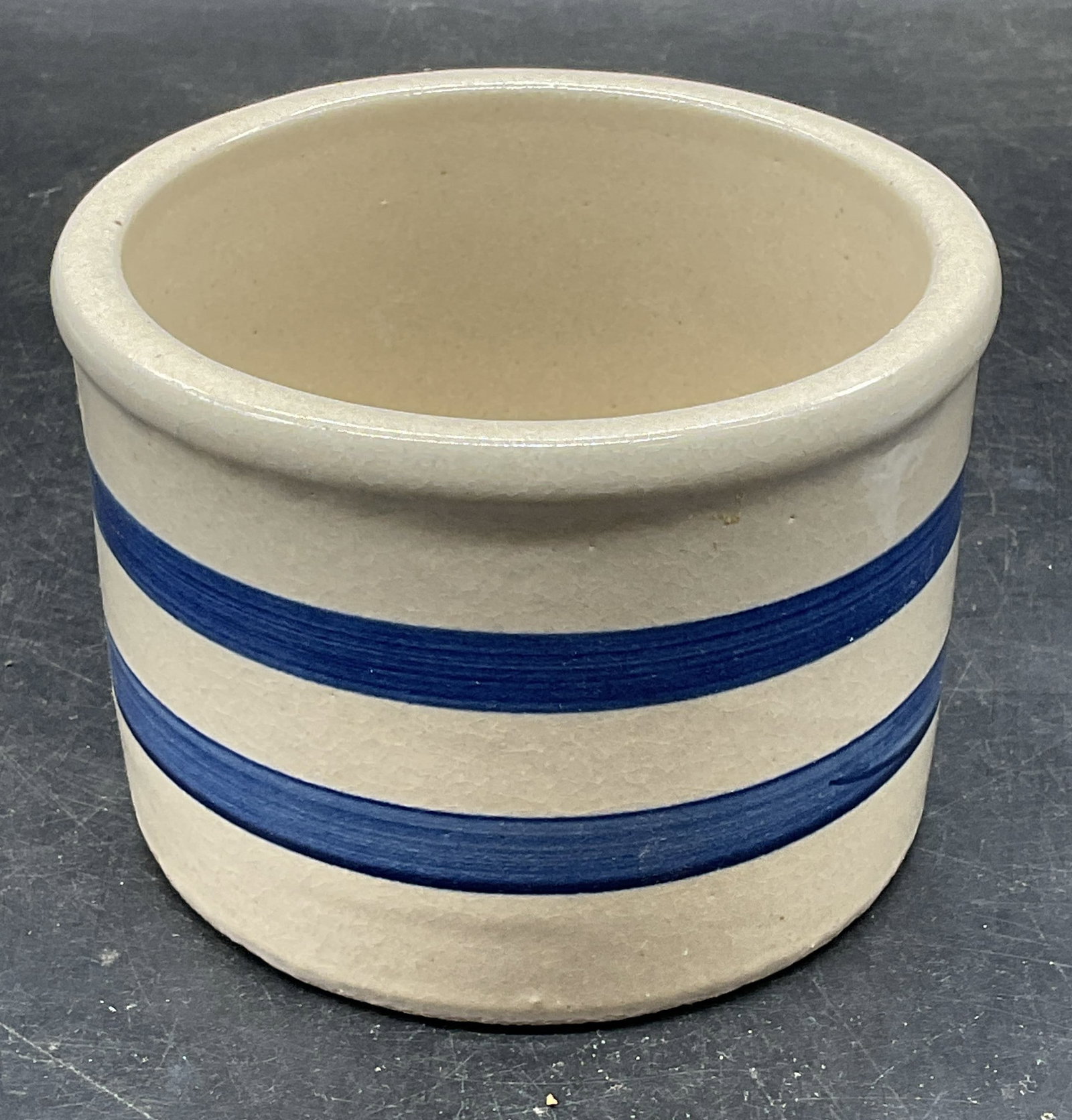 Signed Blue White Striped Stoneware Crock (1 of 6)