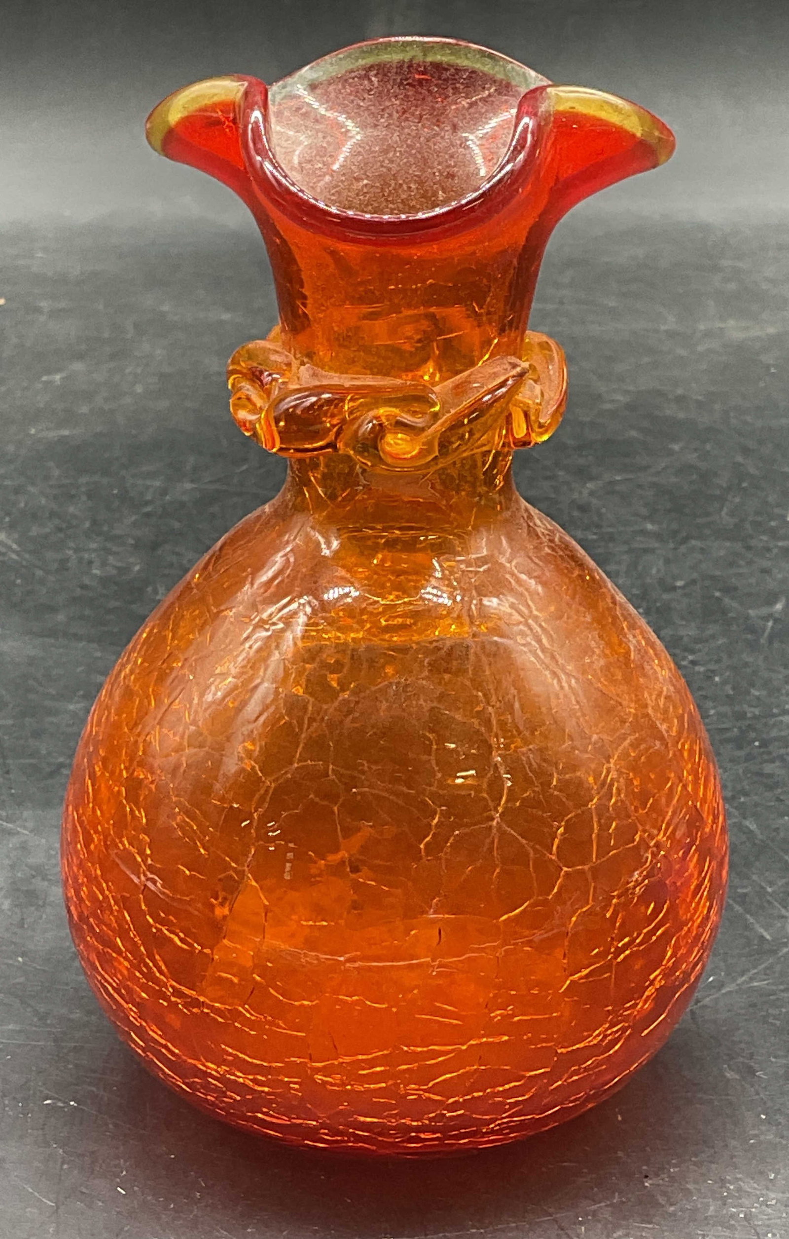 Vintage Hand Blown Orange Crackle Art Glass Vase (1 of 6)