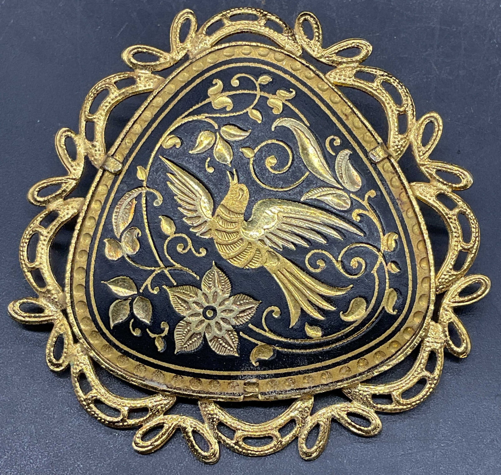Vintage Gold Tone Damascene Style Brooch: Vintage gold tone damascene style bird and flower brooch. Measures approx. 1.75 x 1.75 inches. Some scratching. Jewelry, estate jewelry, costume jewelry, cocktail jewelry, fashion jewelry,