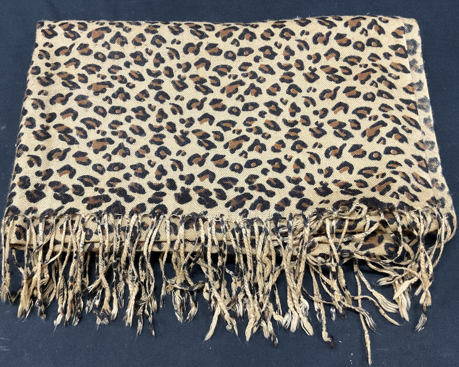Vintage Leopard Print Fringed Scarf: Vintage leopard print fringed scarf. Fringed trim. Measures approx 25 x 61 inches. Wear consistent with exposure. Scarf, leopard scarf, wearables, clothing, outerwear, fashion, accessories. 4SB