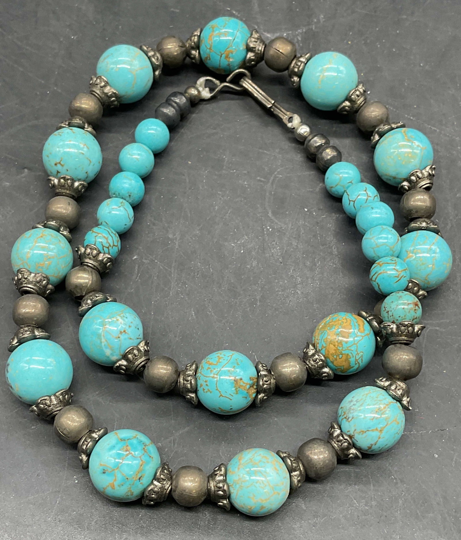 Vintage Silver Tone Faux Turquoise Necklace: Vintage silver tone and faux turquoise beaded necklace. Drop length 7 inches. Some scratching. Jewelry, estate jewelry, costume jewelry, cocktail jewelry, fashion jewelry, accessories, fashion