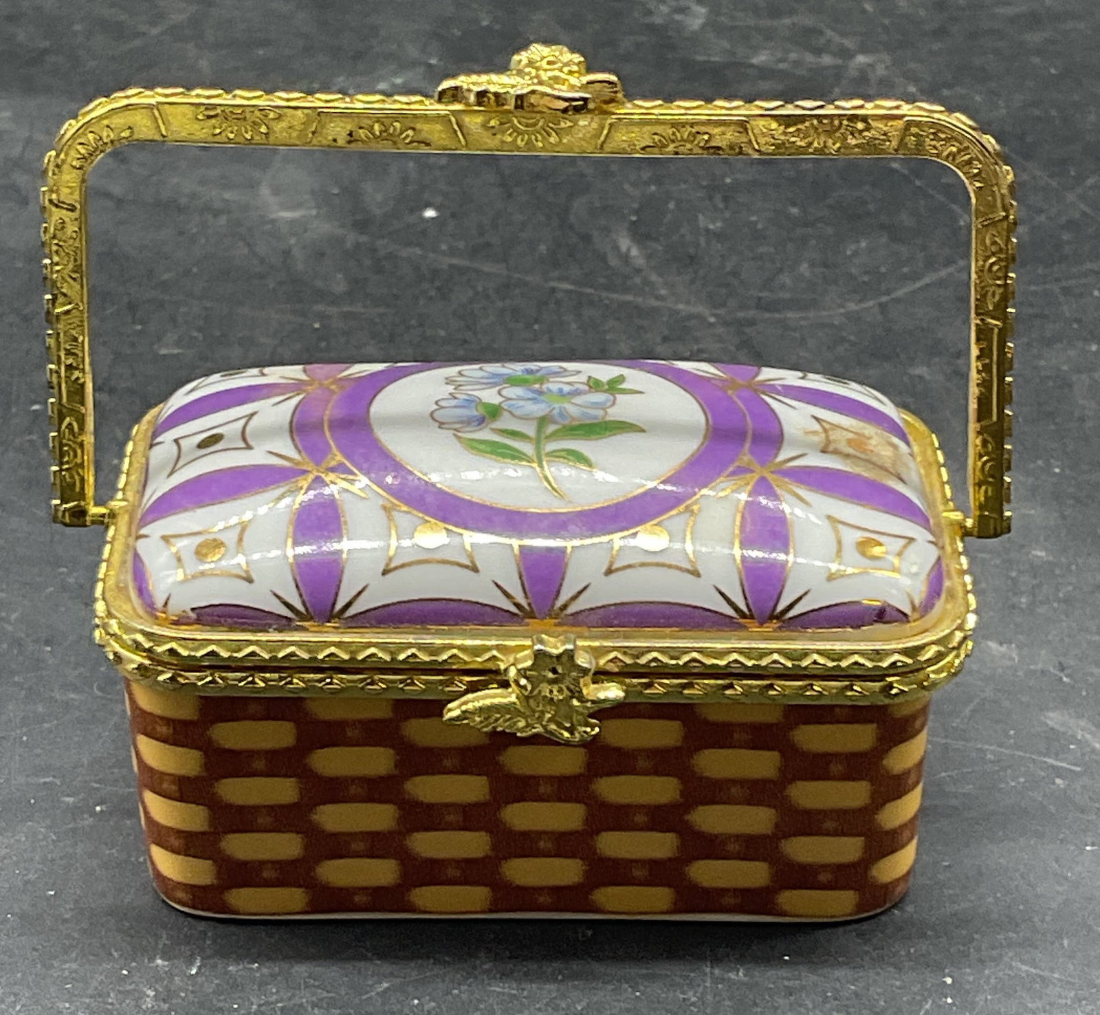 Gilt Porcelain Floral Basket Trinket Box (1 of 6)