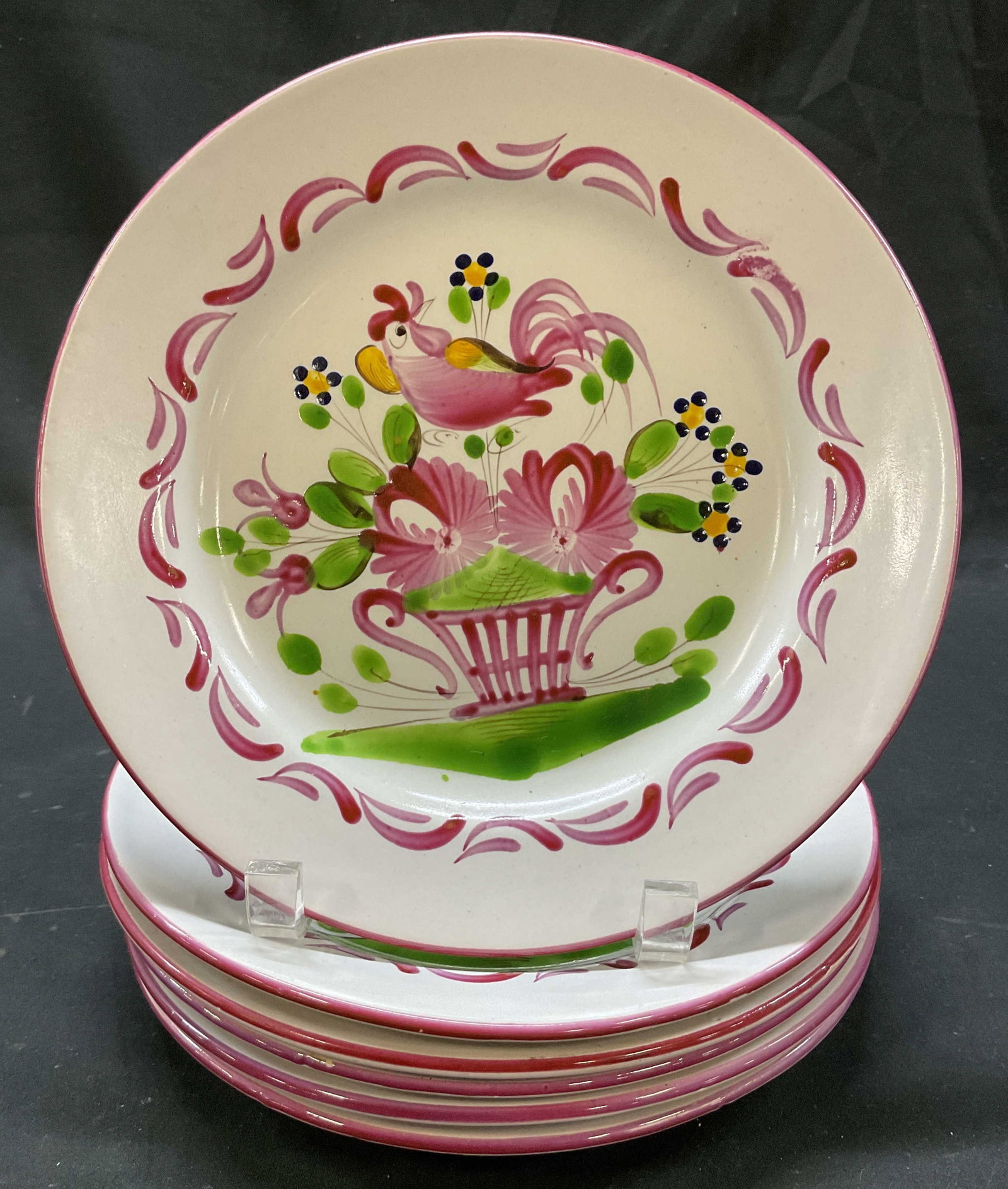 Set 6 Saint Clement French Porc Rooster Plates: Set of 6 Saint Clement French porcelain rooster plates. Round plates. Hand painted rooster and floral motifs in varying colors. Measures approx 9 inches in diameter. Some wear and chips. Plates,