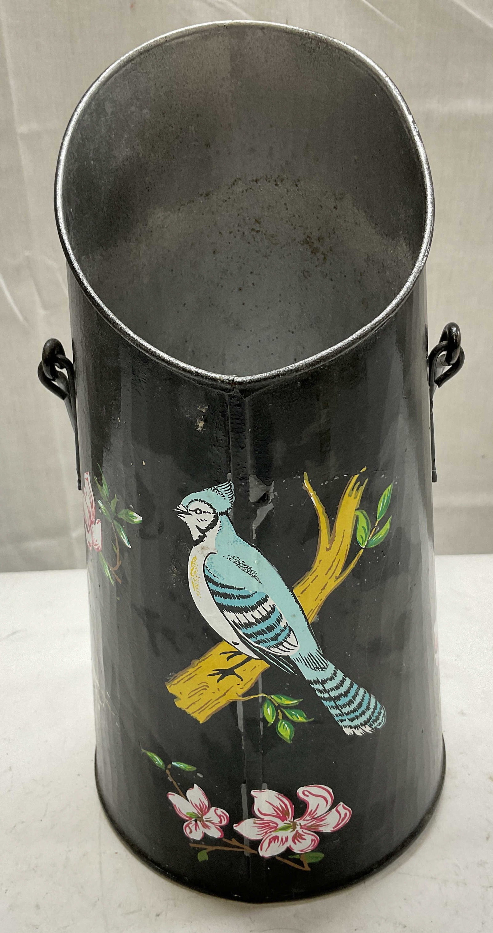 Vintage Painted Bird Motif Tin Coal Scuttle: Vintage Painted Bird Motif Tin Coal Scuttle. Slanted Scoop Top. Painted Bluebird, Finch, and Cardinal with Foliage and Floral Designs on a Black Background. Some Chipping and Aging to Metal. Measures