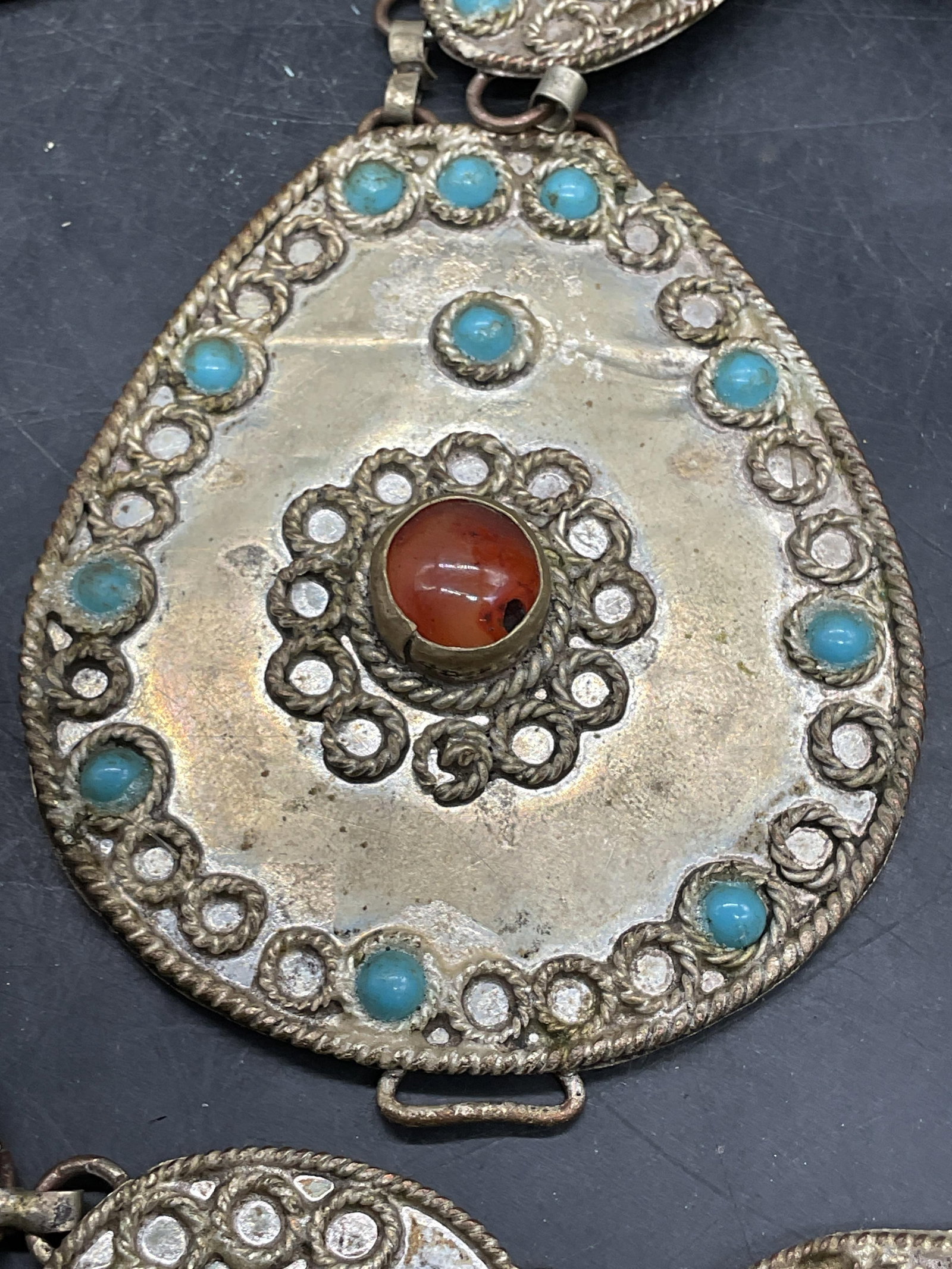 Vtg Silver Tone Bejeweled Turquoise Panel Belt - 2