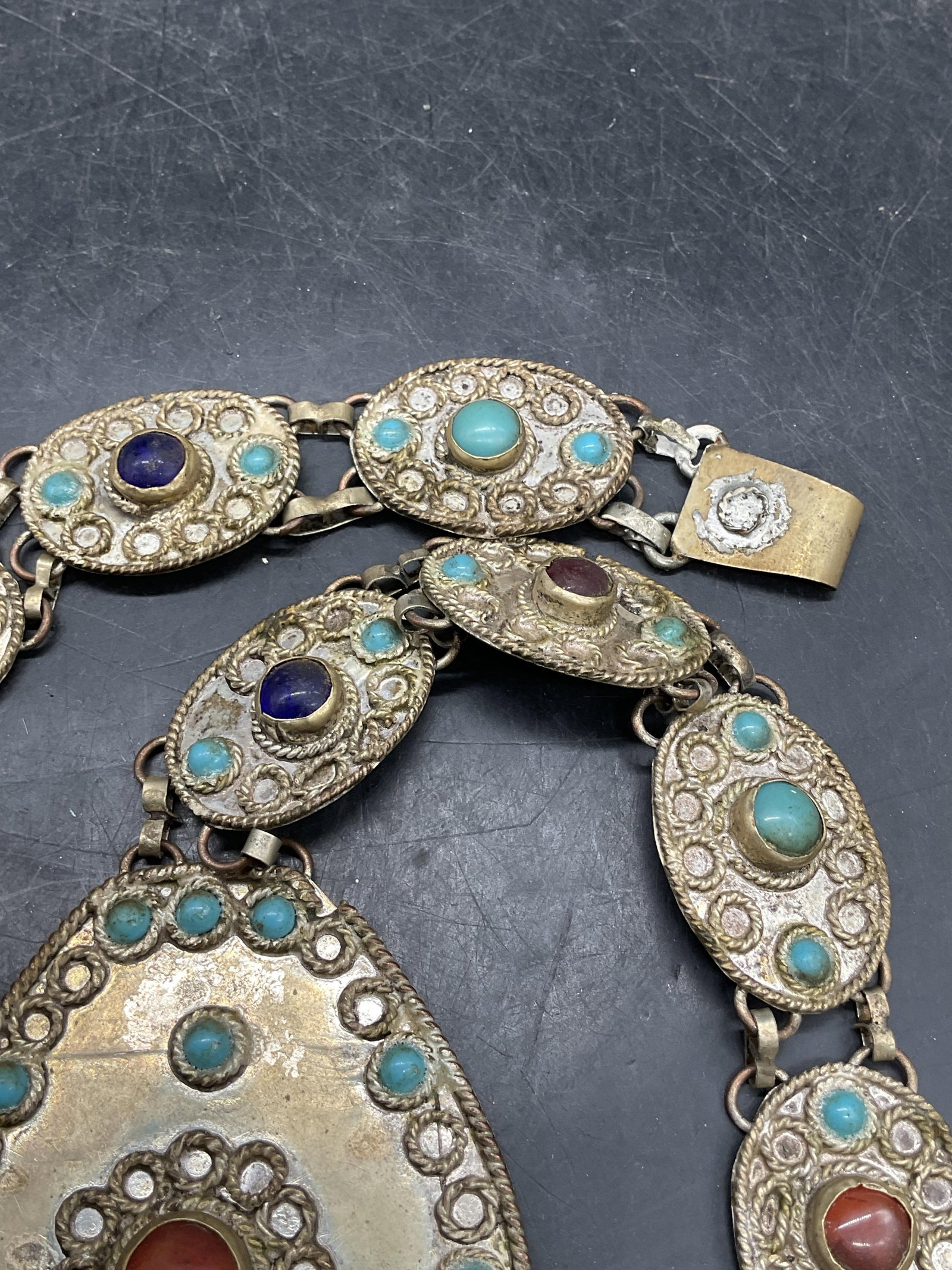 Vtg Silver Tone Bejeweled Turquoise Panel Belt - 4