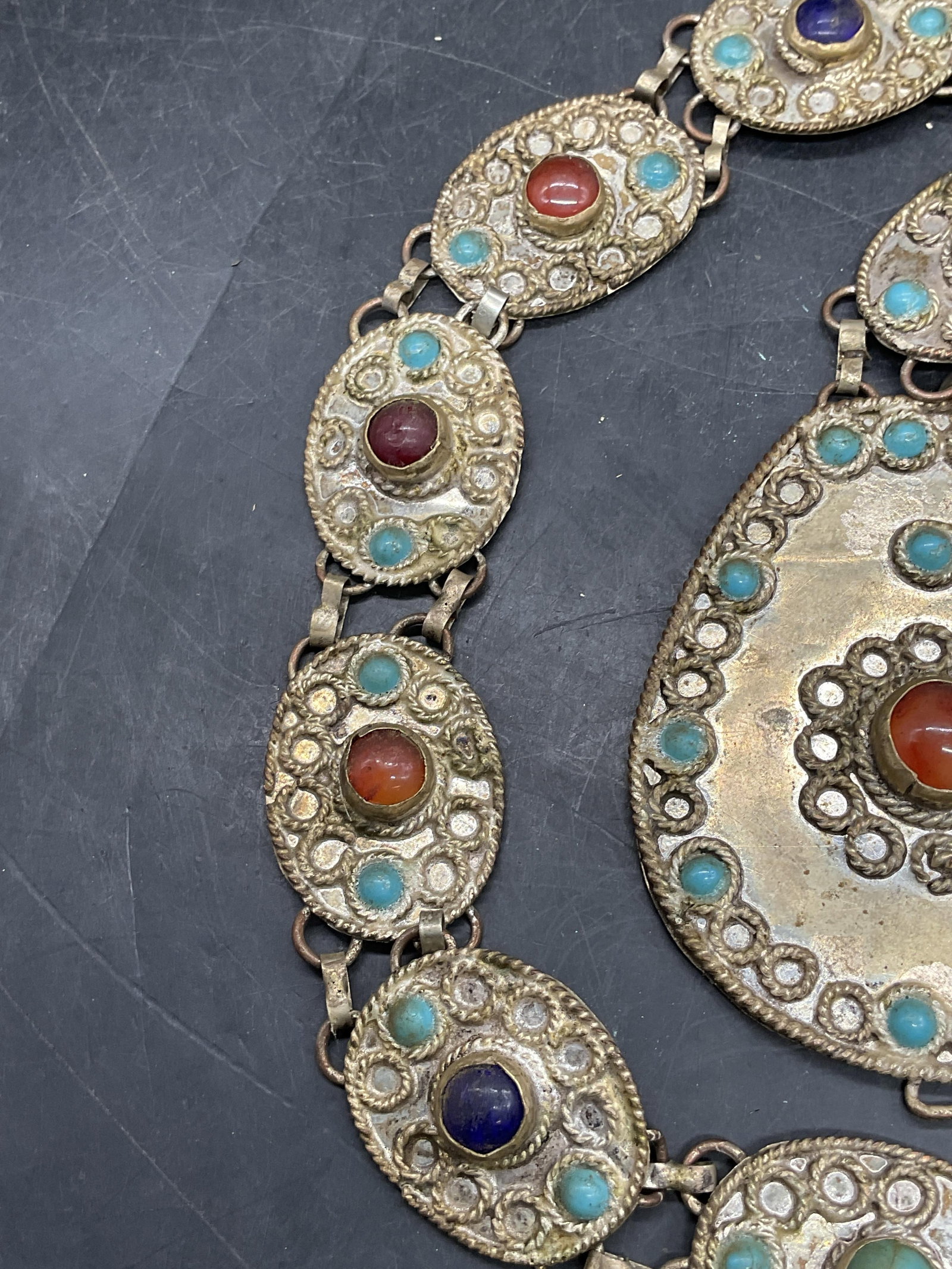 Vtg Silver Tone Bejeweled Turquoise Panel Belt - 5