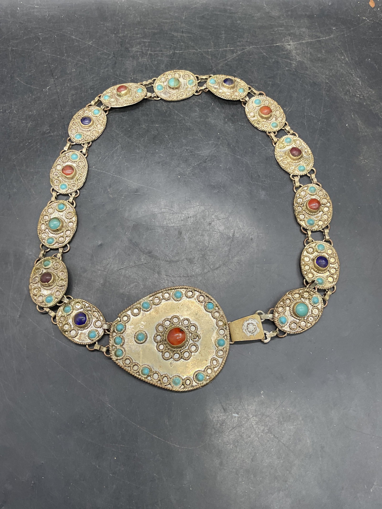 Vtg Silver Tone Bejeweled Turquoise Panel Belt - 6