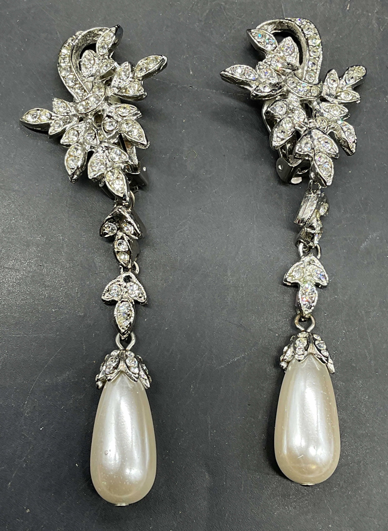 Todd Anthony Faux Pearl Crystal Statement Earrings: Vintage Todd Anthony silver tone faux pearl and crystal drop statement earrings. Measures approx. 3.5 inches long. Some scratching. Jewelry, estate jewelry, costume jewelry, cocktail jewelry, fashion