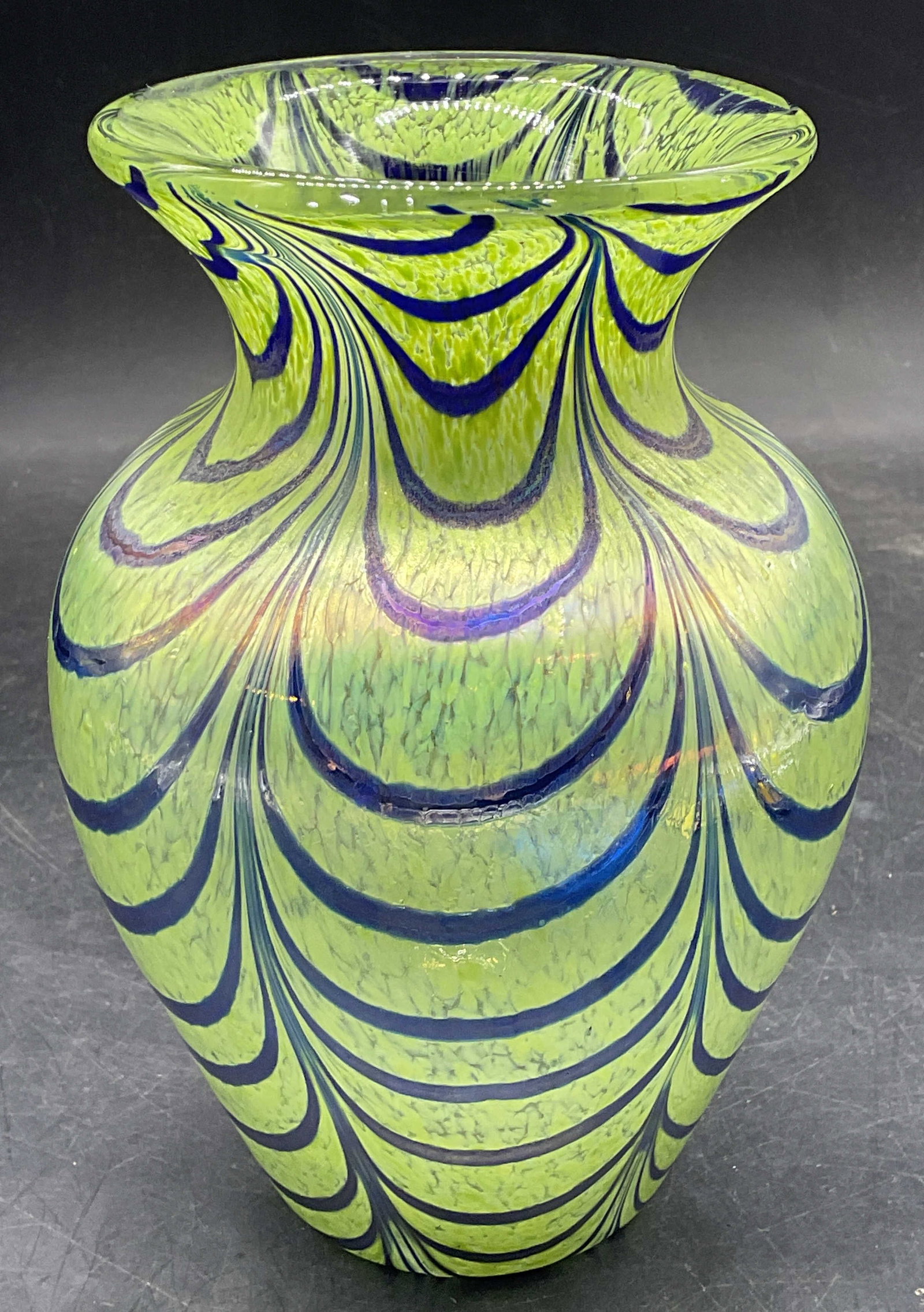 Hand Blown Blue Green Feather Pull Art Glass Vase: Hand blown art glass vase in blue and green with pulled feather design. Measures approx. 4.5 x 6.75 inches. Some scratching. Art glass vase, feather pull vase, green vase, collectibles, home decor,