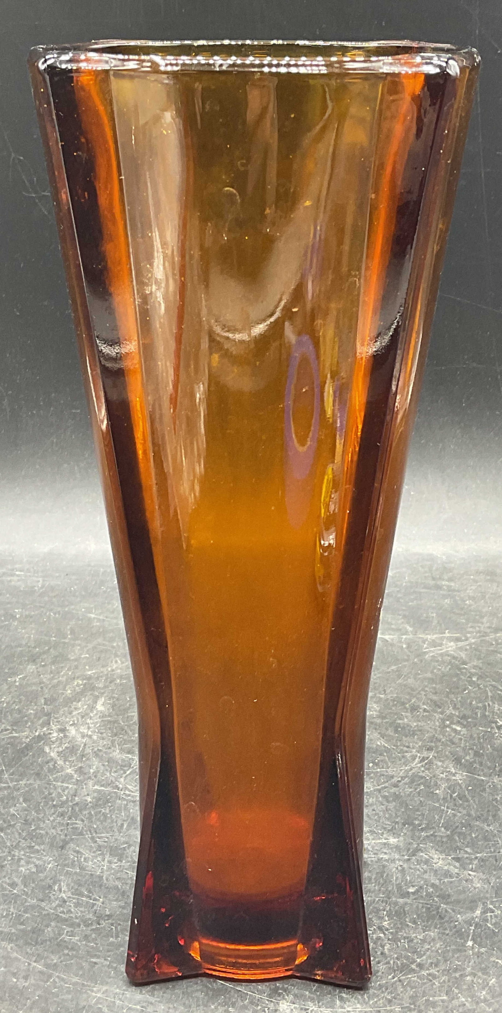 Amber Glass Atomic Style Rocket Vase: Vintage atomic style amber glass rocket vase. Style of Anchor Hocking, no signature. Measures approx. 4 x 9 inches. Some scratching. Rocket vase, amber glass vase, collectibles, home decor, home