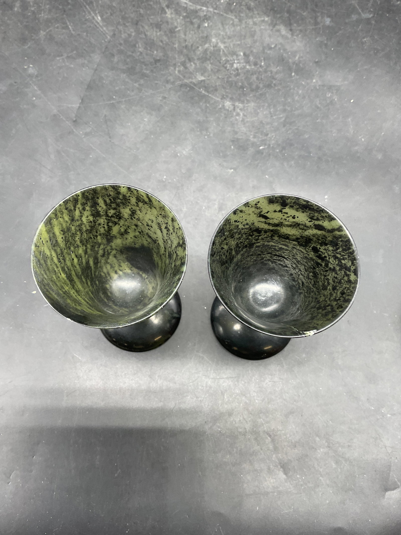 Pair Carved Green Stone Harmony Serenity Goblets - 2