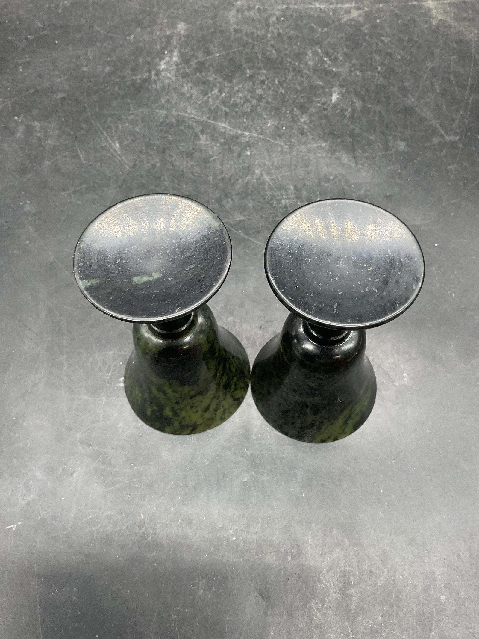 Pair Carved Green Stone Harmony Serenity Goblets - 6