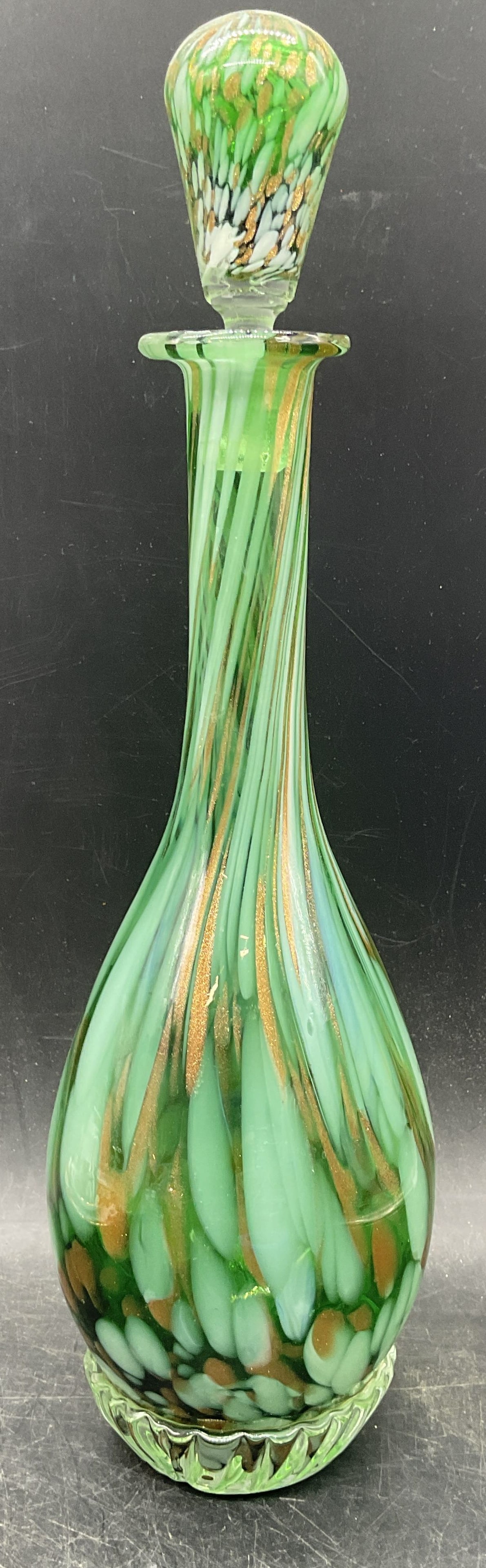 Hand Blown Green Gold Swirl Art Glass Decanter (1 of 6)