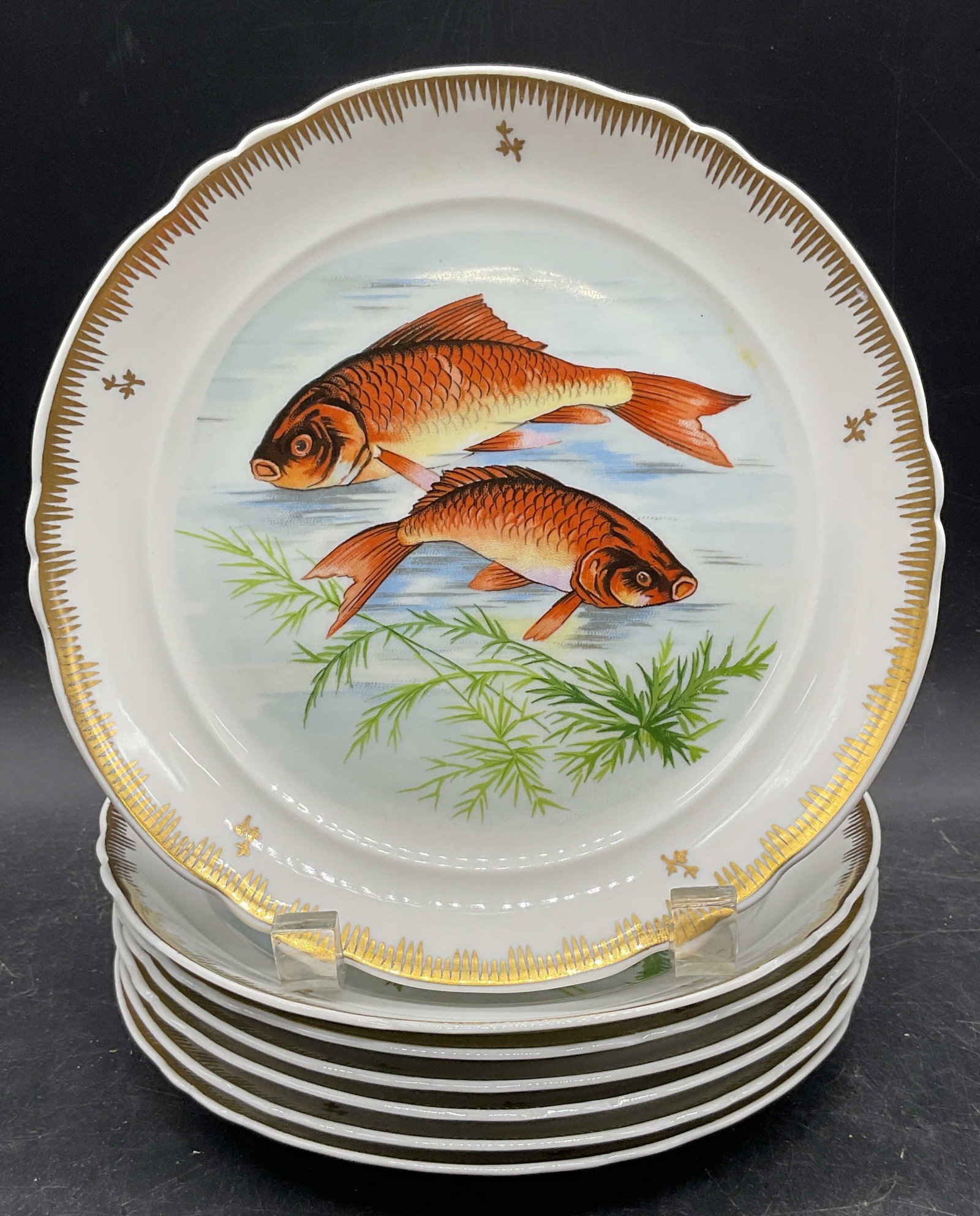 Set 7 Hand Painted Gilt Fish Porc Plates, France (1 of 8)