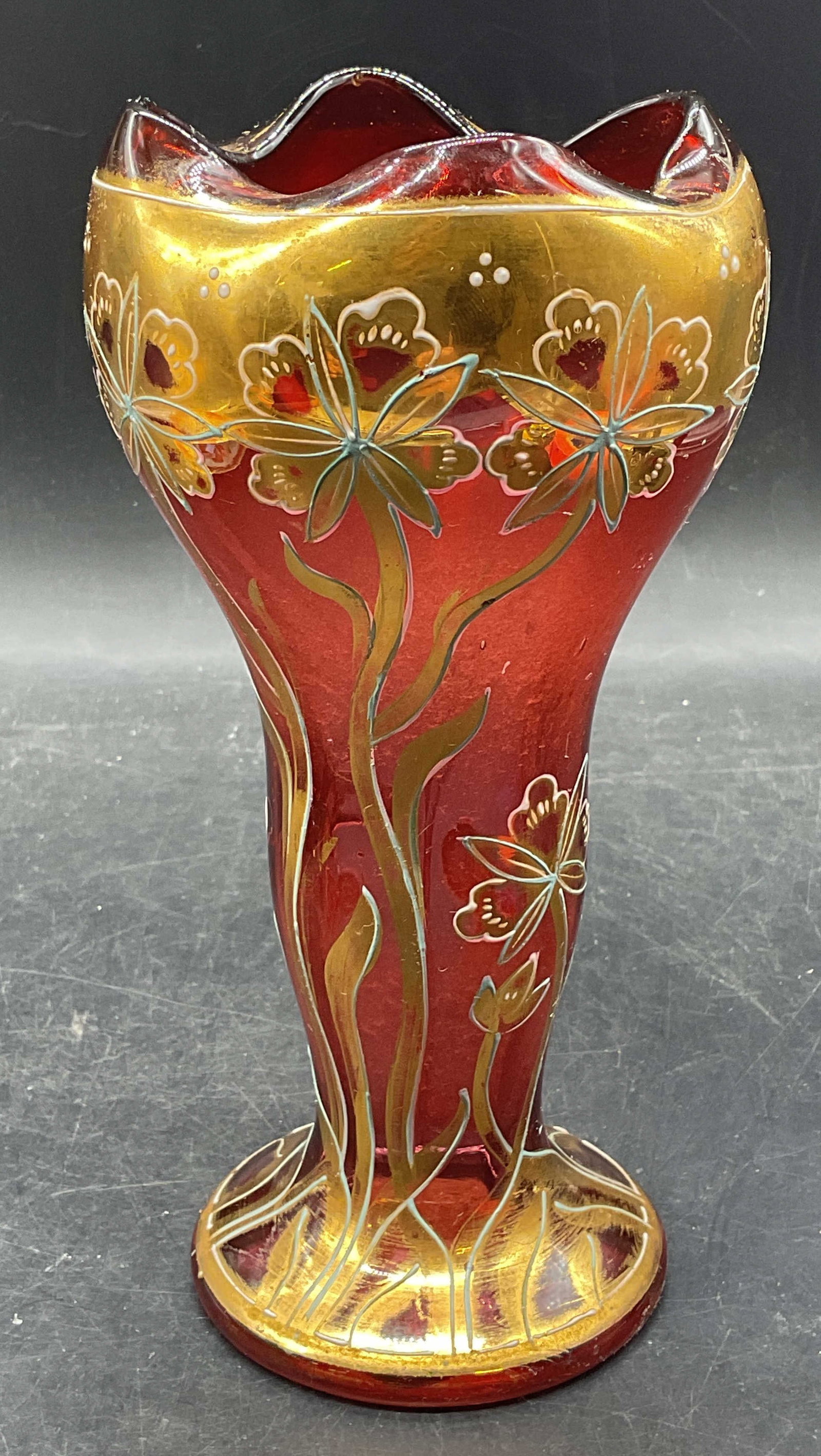 Antique Bohemian Cranberry Glass Gilt Floral Vase (1 of 6)