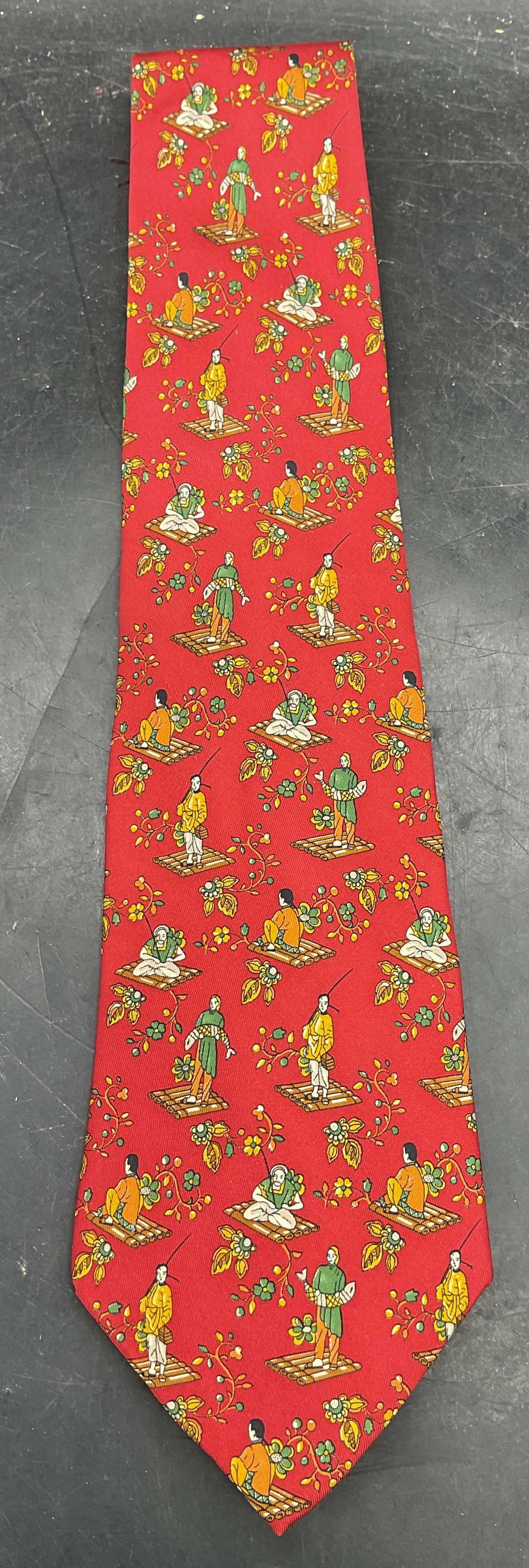 Salvatore Ferragamo Red Silk Asian Tie Italy: Vintage Salvatore Ferragamo red silk tie with whimsical Asian print. Made in Italy. Measures approx. 56 inches. Some wear consistent with exposure. Salvatore Ferragamo tie, designer tie, vintage tie, 