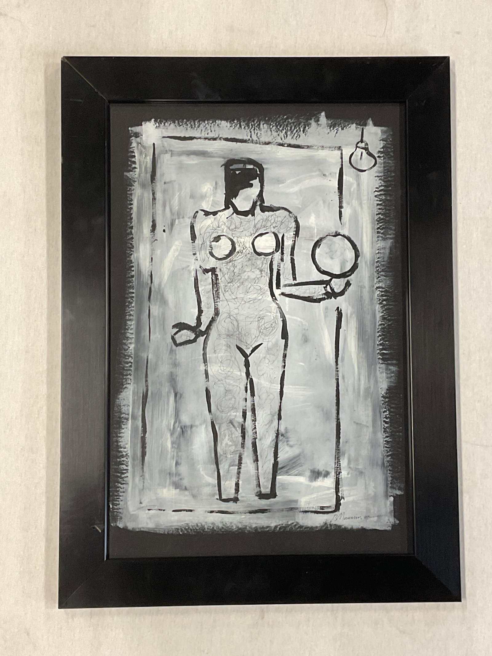 Sgn Attr Bruce Nauman Abstract Figure Painting: Framed mixed media painting. Signed lower right, B Nauman, dated 1987 or 89. Attributed to Bruce Nauman (American, b. 1941). Black and white abstract nude female figure holding ball with lightbulb. Bl