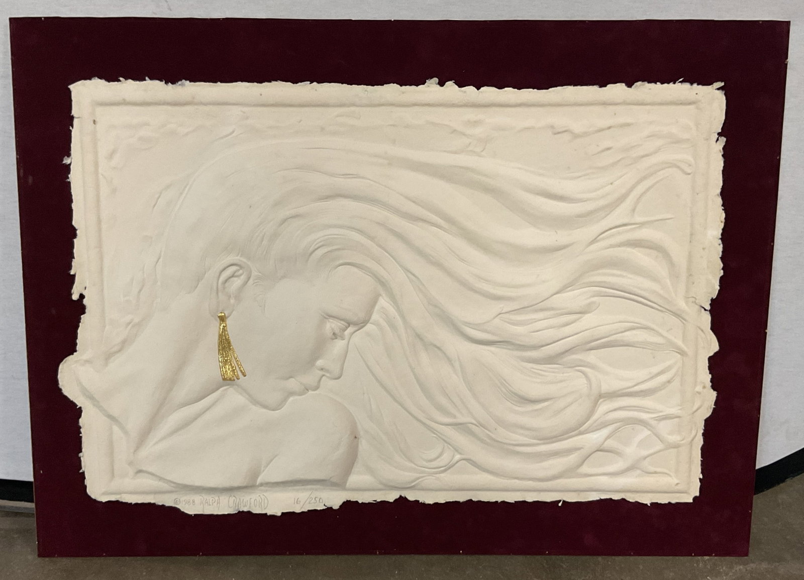 Sgn Ralph Crawford Portrait Woman Paper Relief 30i: Paper relief sculpture with gold leaf mounted on board. Signed lower left Ralph Crawford (American, 20th century), 1988. Numbered 16/250. Portrait of a woman. Paper measures approx. 20.5 x 30.5