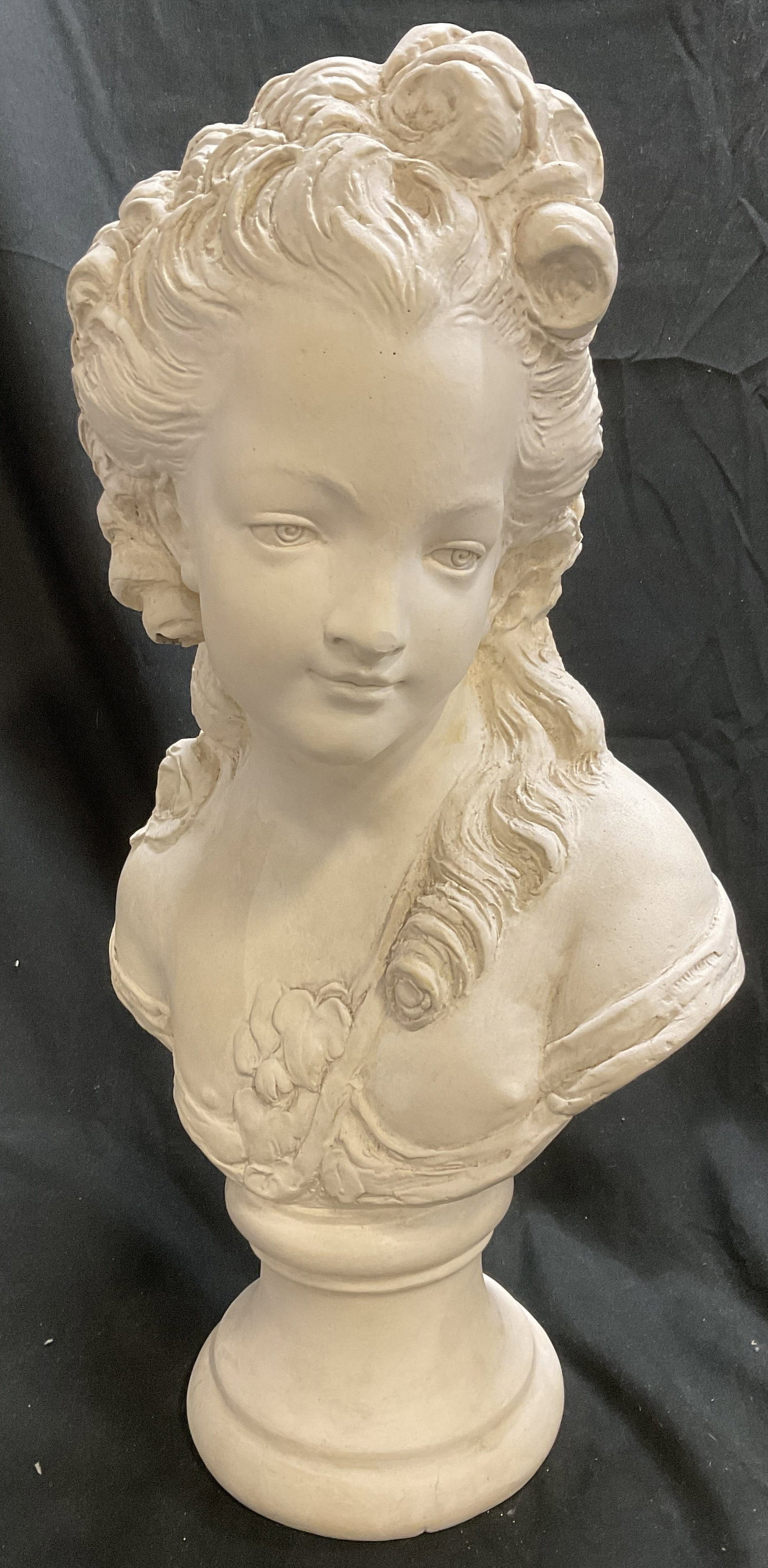 Artcraft Co Rococo-Style Woman Bust Statue: Artcraft Co Rococo-Style Woman Bust Statue. Made of Resin. #1756. Chips and Cracks Present. Measures app 19in H x 5.5in Base. Rococo-Style, Woman Bust, Woman Statue, Resin Statue, Home Decor 8 B