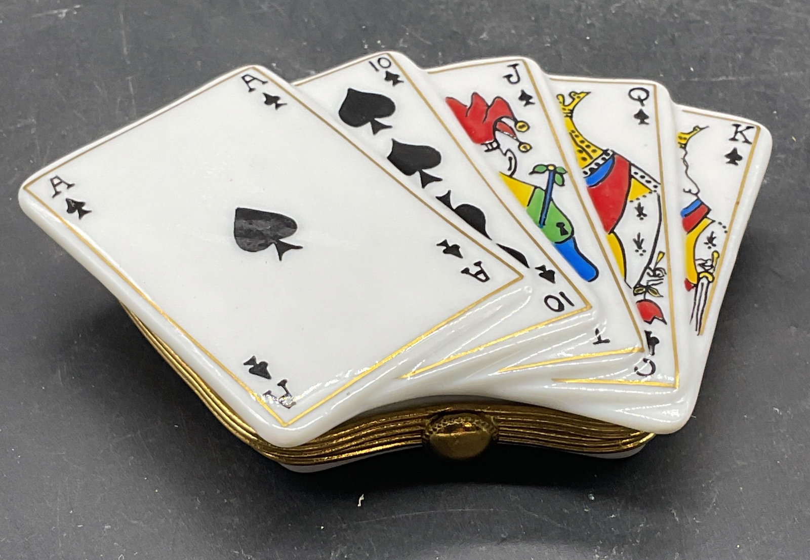 J Dumont Limoges Porc Cards Trinket Box Ltd Edt: J Dumont Limoges porcelain limited edition trinket box. Playing cards motif. Hand painted. Numbered 37/500. Mar in France. Measures approx. 3.5 x 2.5 x 5/8 inches. Some scratching. J Dumont trinket