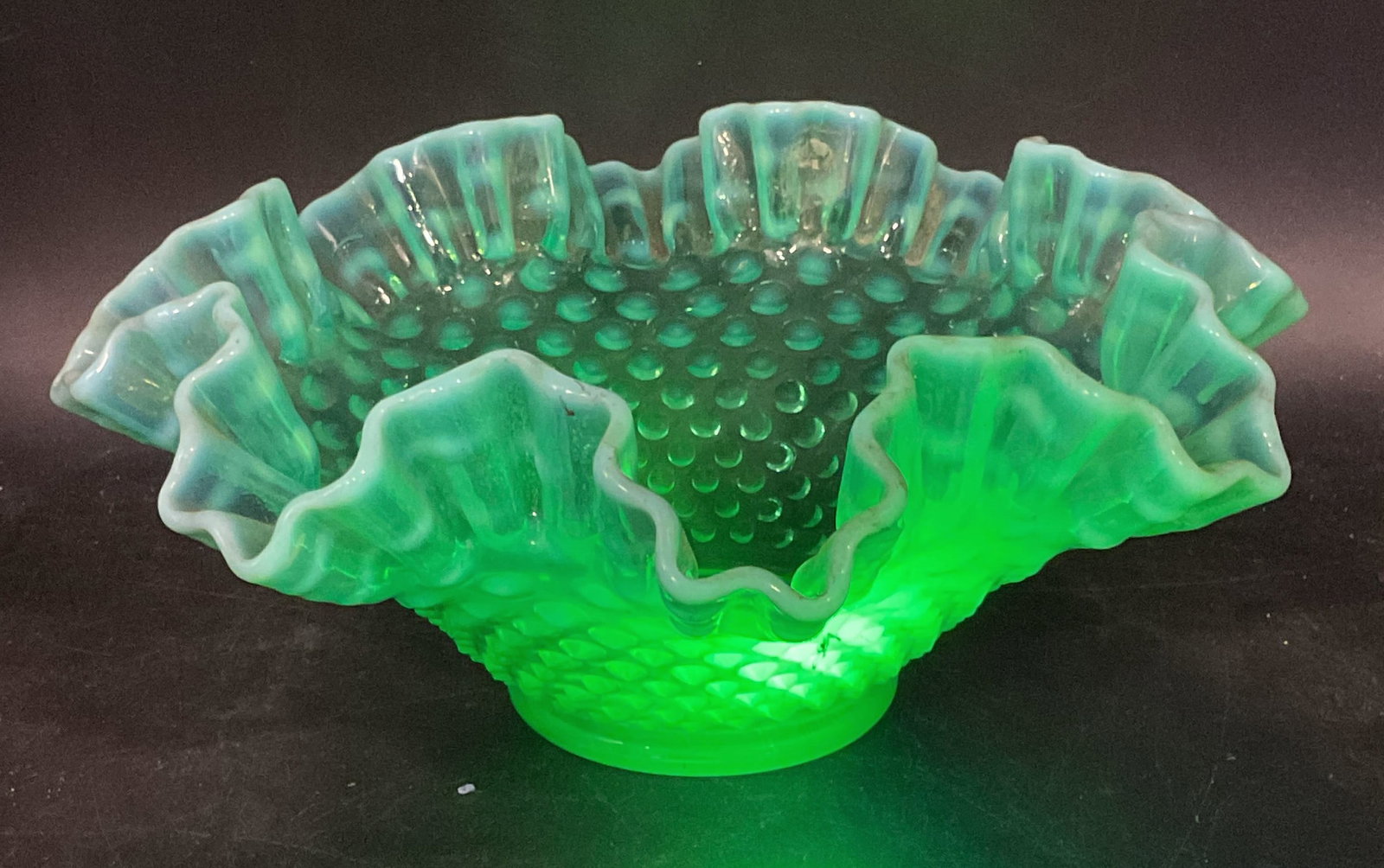 Green Opalescent Hobnail Ruffle Uranium Glass Bowl (1 of 7)