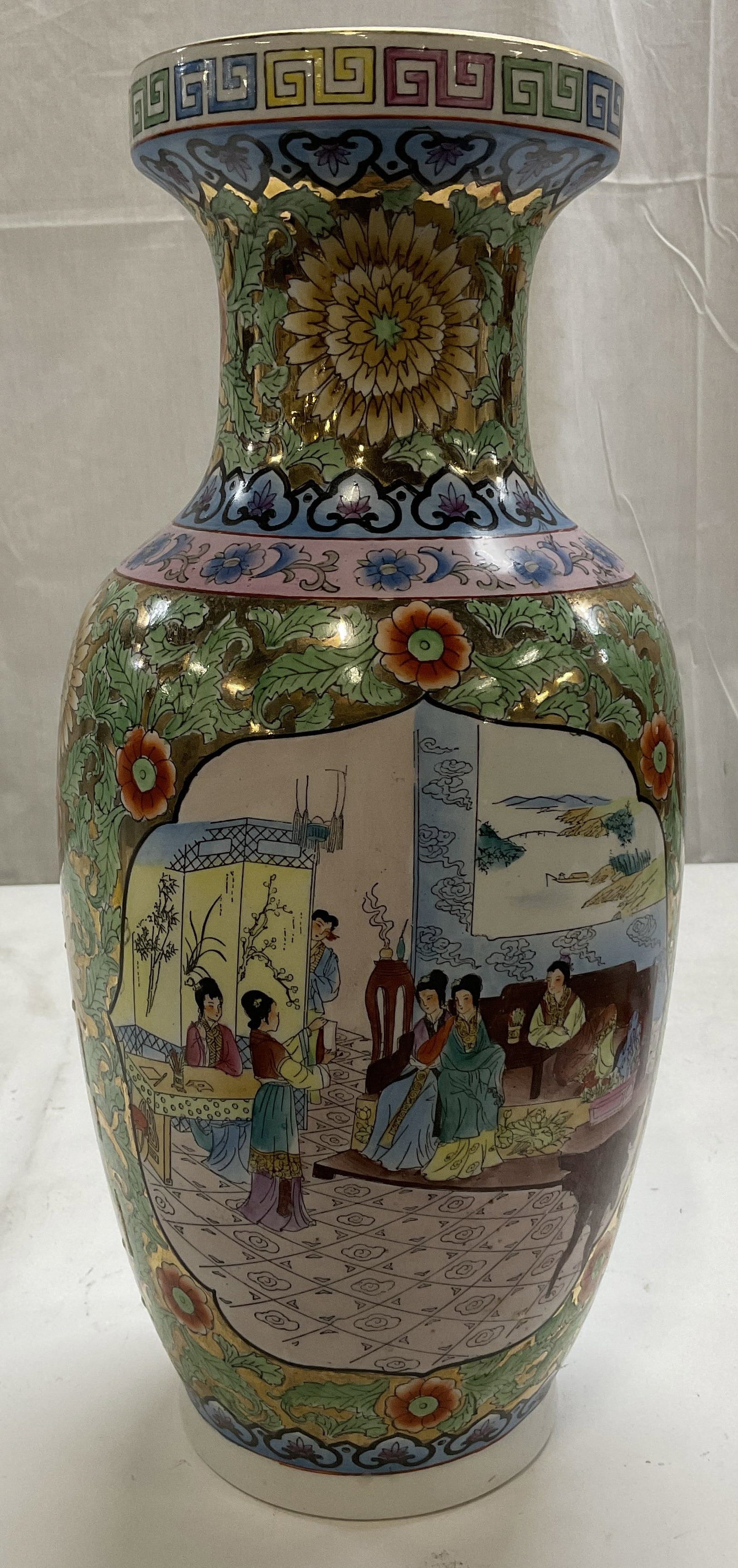 SGND VTG Chinese Famille Rose Porc Vase: Signed Vintage Chinese Famille Rose Pattern Porcelain Vase. Signed with Asian Characters. Features A Detailed Court Scene Painting. Chips on Bottom Base. Some Staining. Measures app 15in H x 4.5in Dia