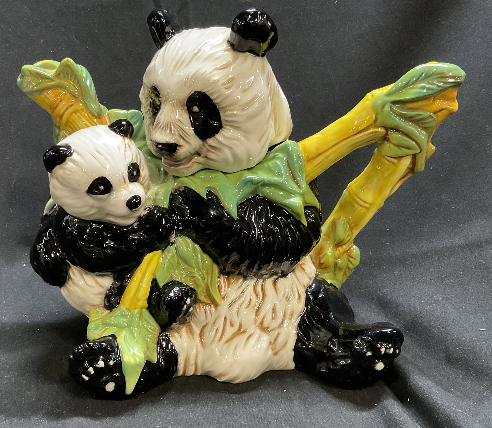 04 SGND Paul Cardew Ceramic Panda Teapot ENGLD: 2004 Cardew Design Endangered Species Series Glazed Ceramic Panda with Cub Teapot. Signed by Paul Cardew. Made in England. Some Residue. Measures app 8in H x 6in Base. Cardew Design, Paul Cardew,