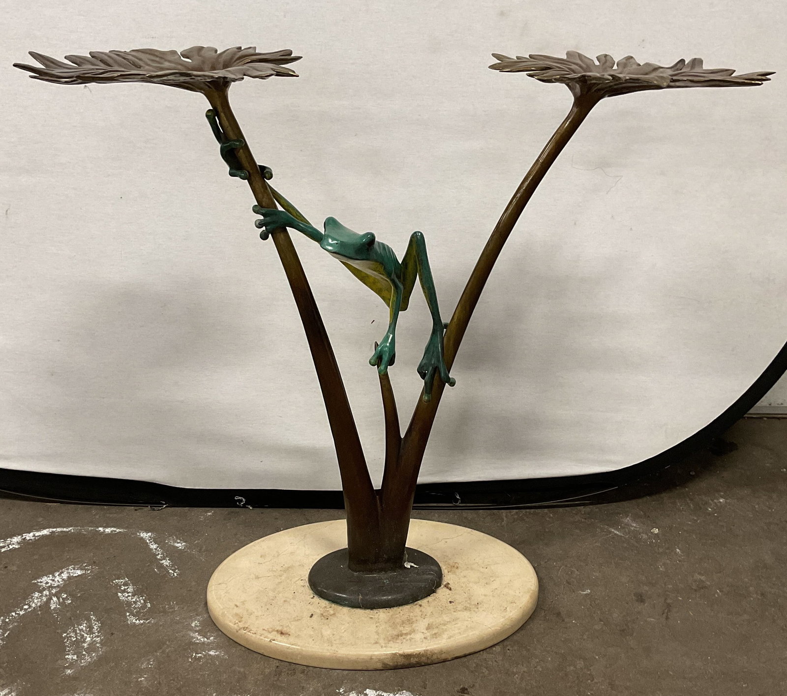 Sgn Palo Bronze Patina & Marble Frog Sculpture 37i: Signed bronze patina metal and marble sculpture of a frog with leaves. Signed on base, partially legible reads Palo. Measures approx. 37 x 13 x 32 inches. Sculpture has significant weight. Some wear