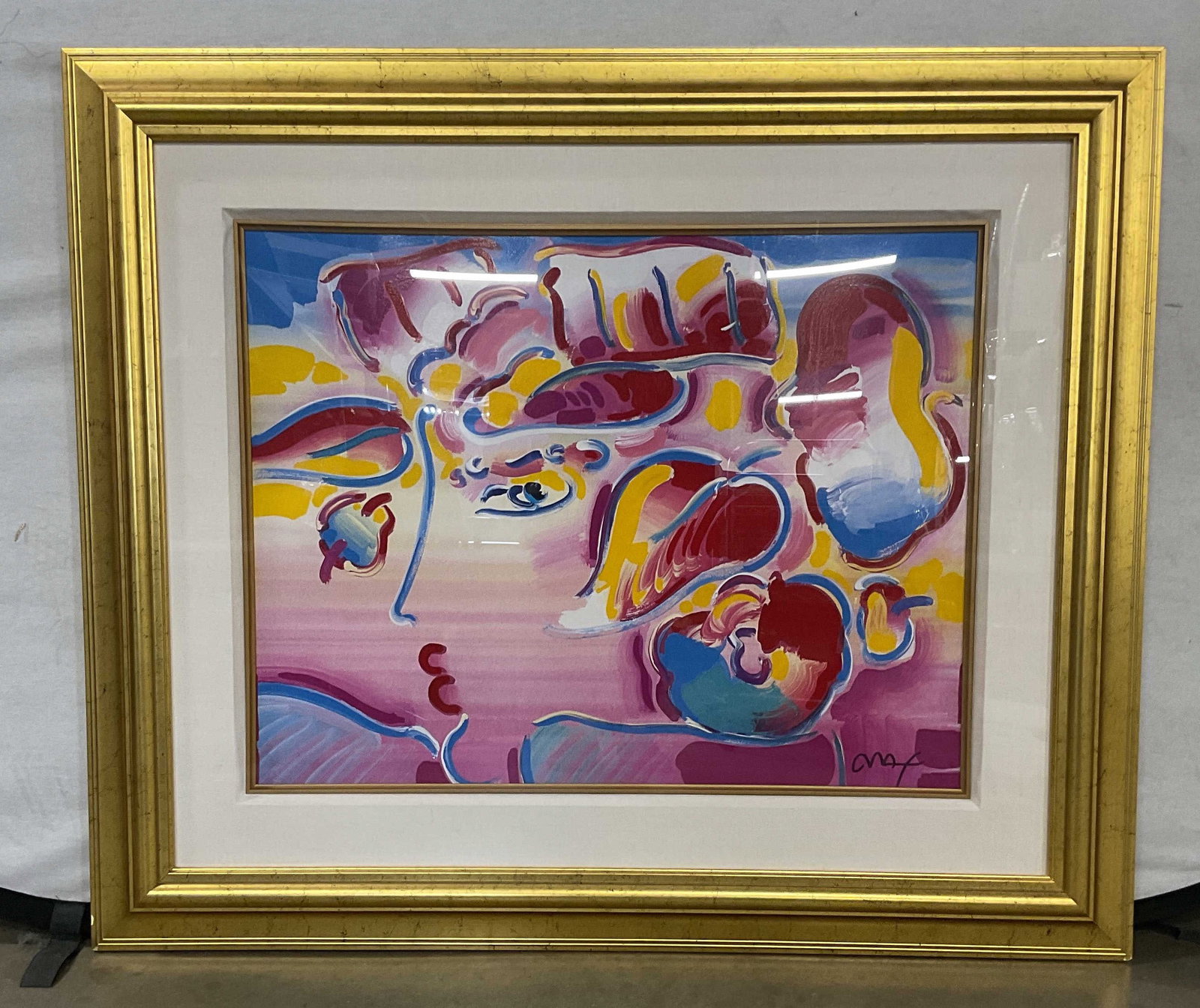 Framed Peter Max Profile Seriolithograph COA: Framed and matted seriolithograph in color on woven paper. Signed lower right, Peter Max. From the regular numbered edition of 500. Profile. Head of a woman. Includes appraisal report and certificate