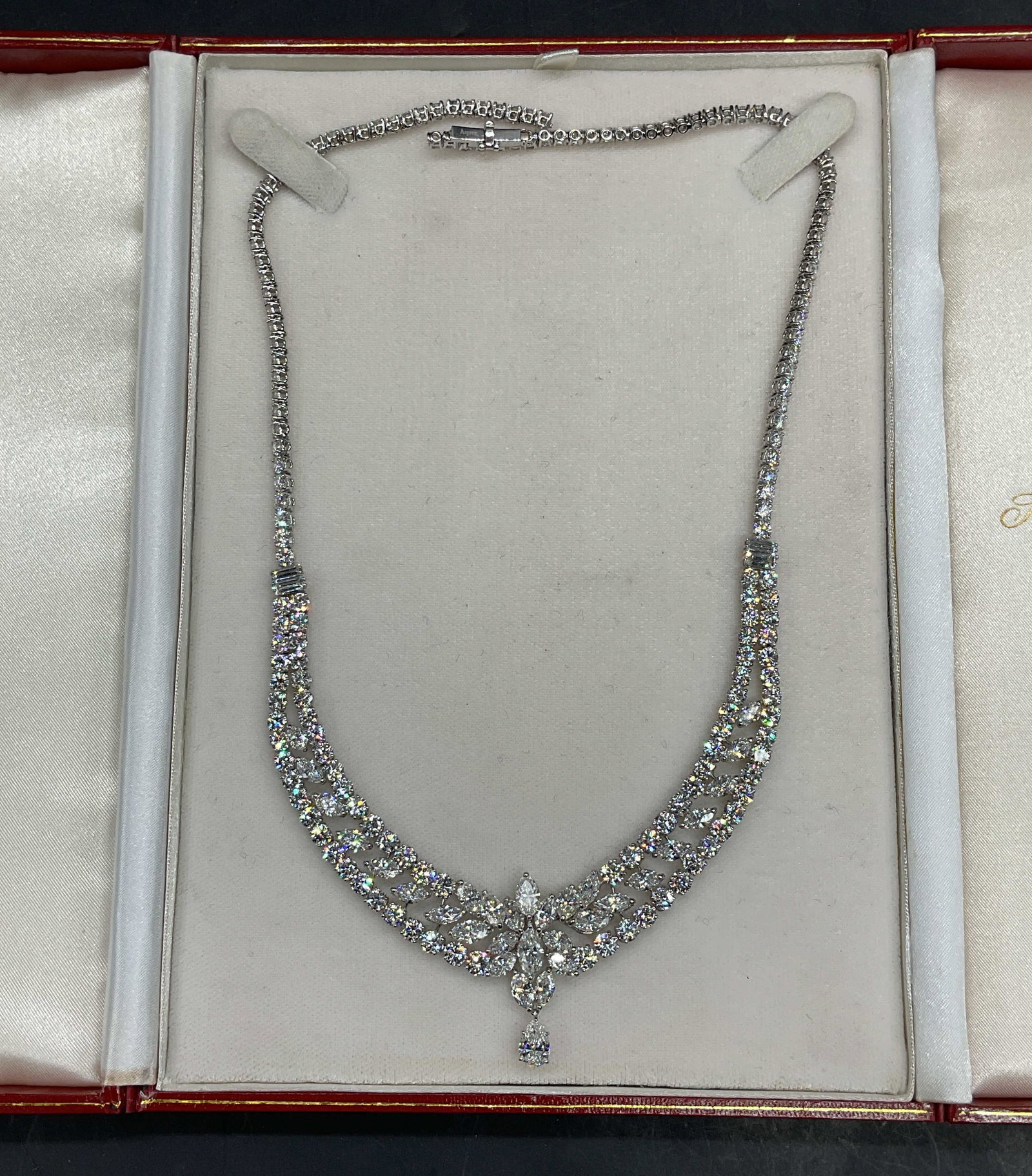 Asprey Platinum & Diamond Necklace 41.6 Ct: Asprey platinum and diamond necklace. Set with marquise, round, and baguette diamonds with a pear shaped drop. Drop length approx 8.5 inches. Marked PT 950. Total weight 60.2 grams. Total carat