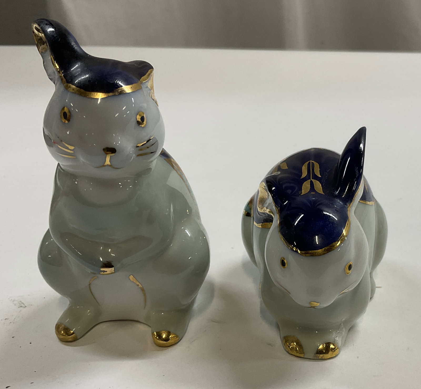 Lt2 VTG Takahashi Imari Sty Porc Rabbit Figs JPN: 2 Vintage Takahashi of San Francisco Imari-Style Porcelain Rabbit Figurines. Cobalt Blue and Gilt Glaze. Made in Japan. Vintage Porcelain Rabbits, Vintage Figurines, Takahashi, San Francisco,