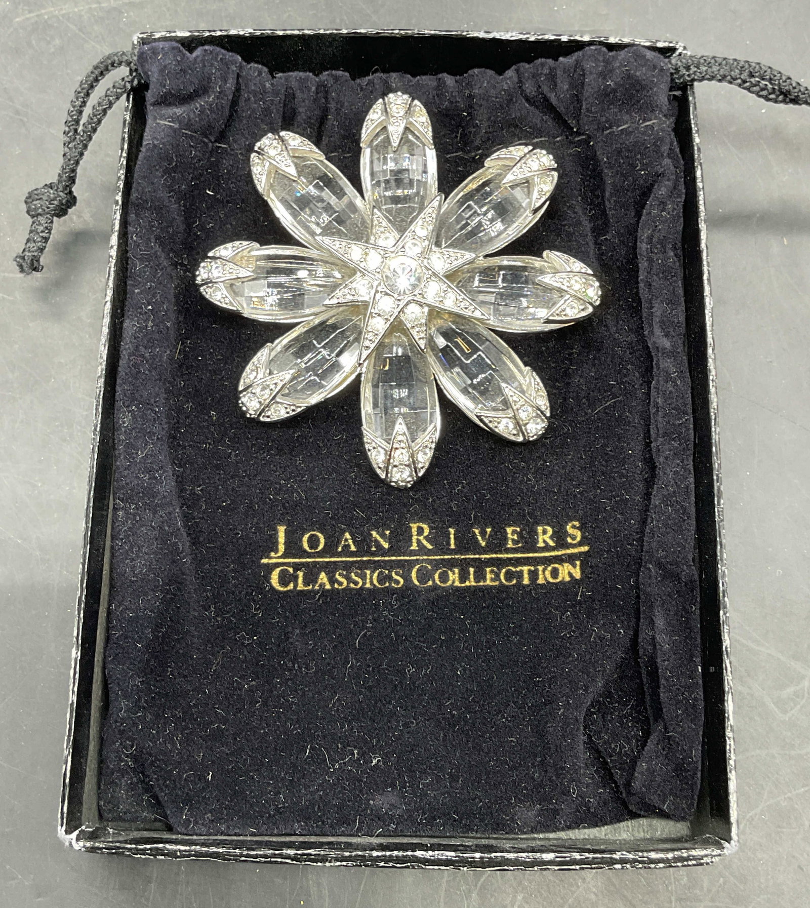 Vintage Joan Rivers Crystal Flower Brooch: Vintage Joan Rivers silver tone crystal flower brooch. Measures approx. 2.75 inches wide. Includes box and dust bag. Some scratching. Jewelry, estate jewelry, costume jewelry, cocktail jewelry,