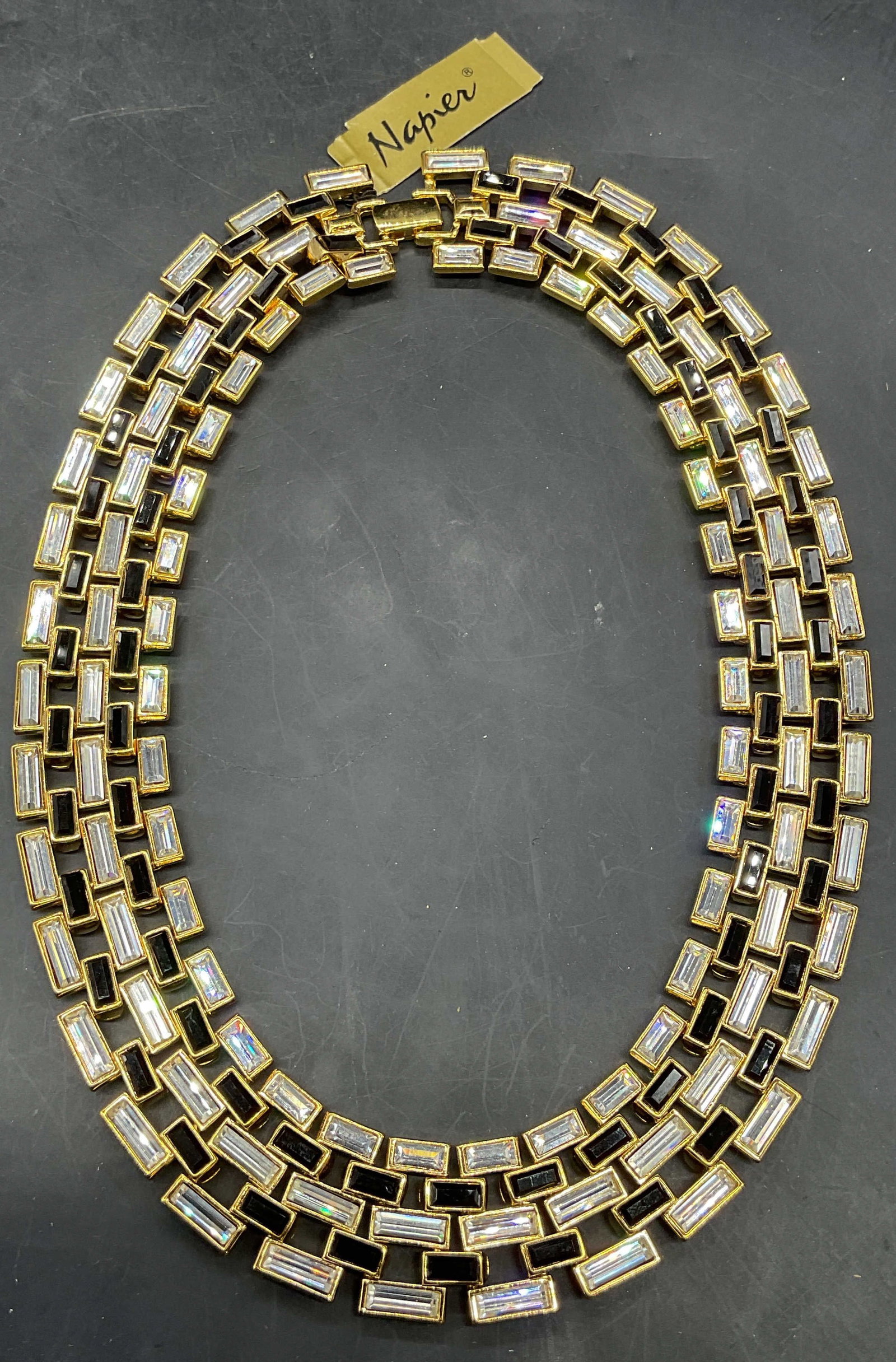 Vintage Napier Gold Tone Crystal Link Necklace NWT: Vintage Napier gold tone link necklace its colorless and black crystals. Drop length 6 inches. New with tag. Some scratching. Jewelry, estate jewelry, costume jewelry, cocktail jewelry, fashion