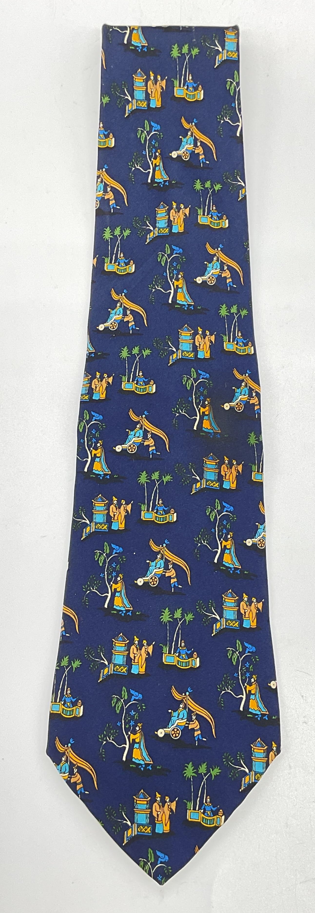Salvatore FERRAGAMO Blue Silk Asian Tie Italy: Salvatore FERRAGAMO blue silk tie with whimsical Asian print. Made in Italy. Measures approx. 56 inches. Some wear consistent with exposure. Salvatore FERRAGAMO tie, designer tie, collectibles, silk