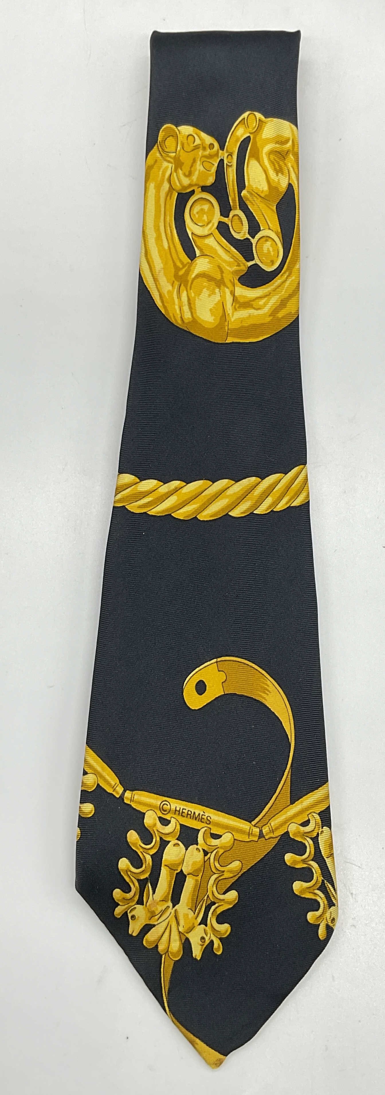 Hermes Black Gold Silk Equestrian Tie France (1 of 6)